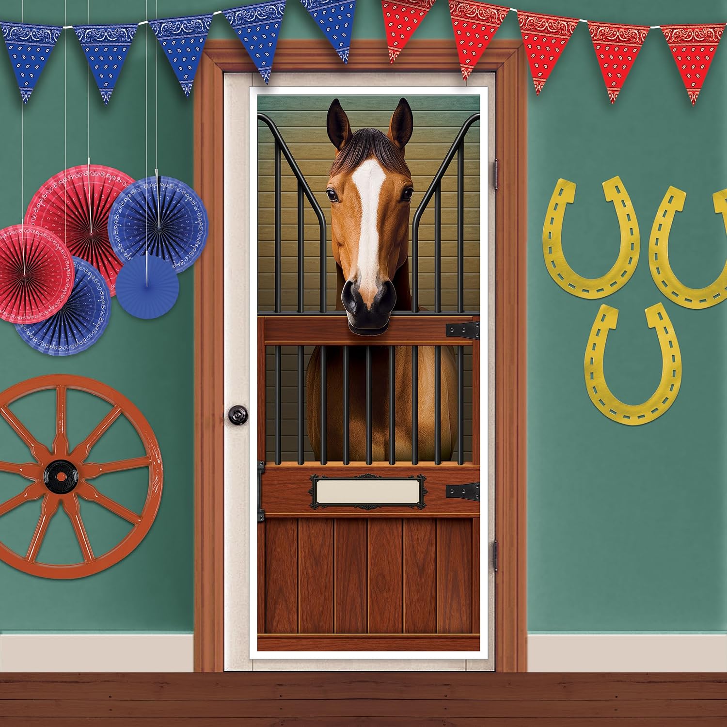 Beistle Horse Door Covers – 2 Pack, All-Weather Thin Plastic Decorations with Realistic Stable Horse Design & Writable Nameplate, Equestrian Entryway Décor for Barn Themes & Rustic Events, 6' x 30"