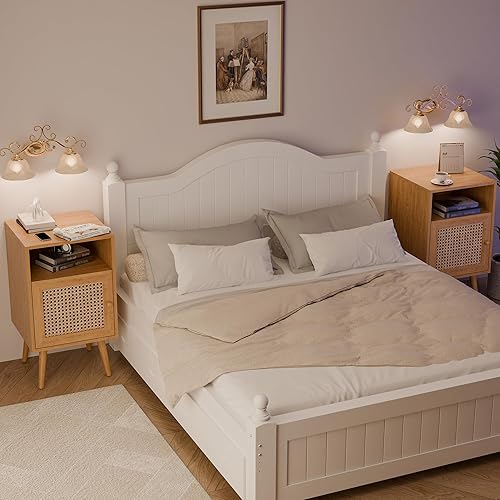 Miniatura 22 de Xilingol Moderna mesita de noche de ratán con estación de carga, mesa auxiliar bohemia con puerta decorada de ratán hecha a mano, mesita de noche de