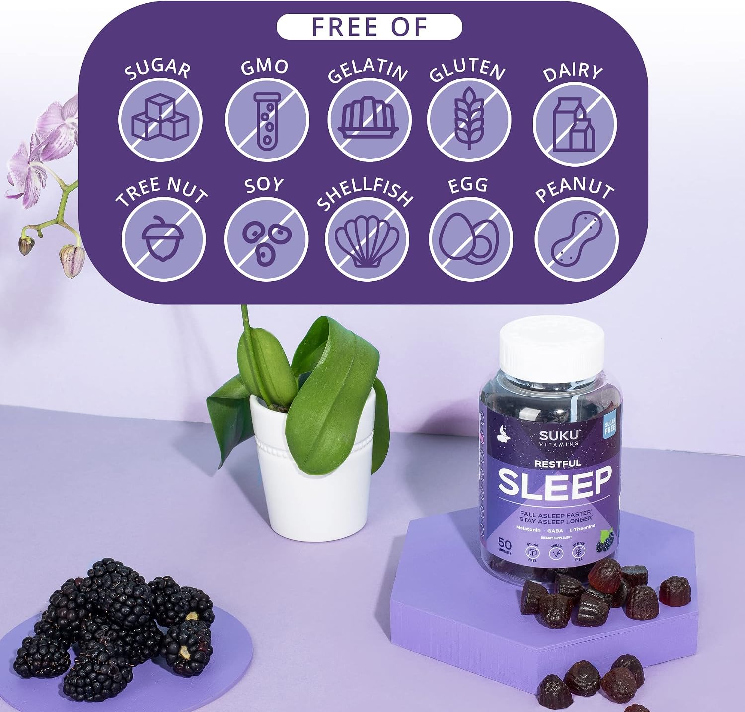 SUKU Vitamins - Restful Sleep - LTheanine & GABA Gummies for Natural Sleep, Relaxed Mind and Body, Easy to Chew - Non GMO, Gluten Sugar Free - BlackBerry-Hibiscus Flavored Melatonin Gummies
