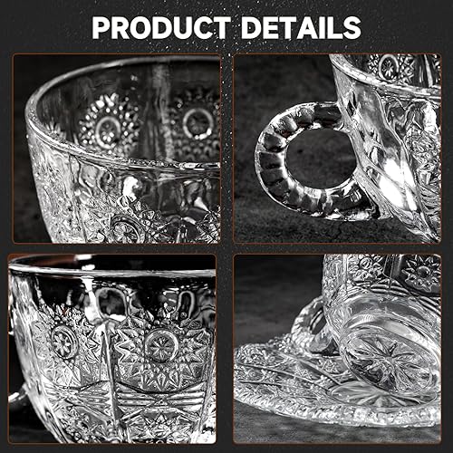 Miniatura 8 de Juego de 6 tazas de té y platillos de vidrio, tazas de café vintage con cuchara de acero inoxidable, aptas para lavavajillas y microondas, para jugo