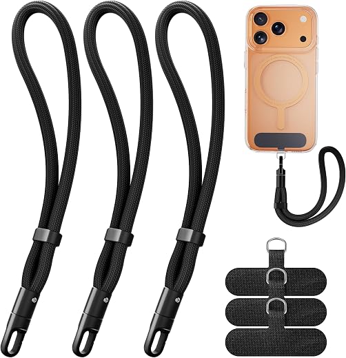 SHANSHUI Hand Wrist Strap Lanyard, 3 Pack Adjustable Cell Phone Lanyard Strap, Hand Wrist Strap Lanyard with 3x Tether Tabs for Smartphones-Black