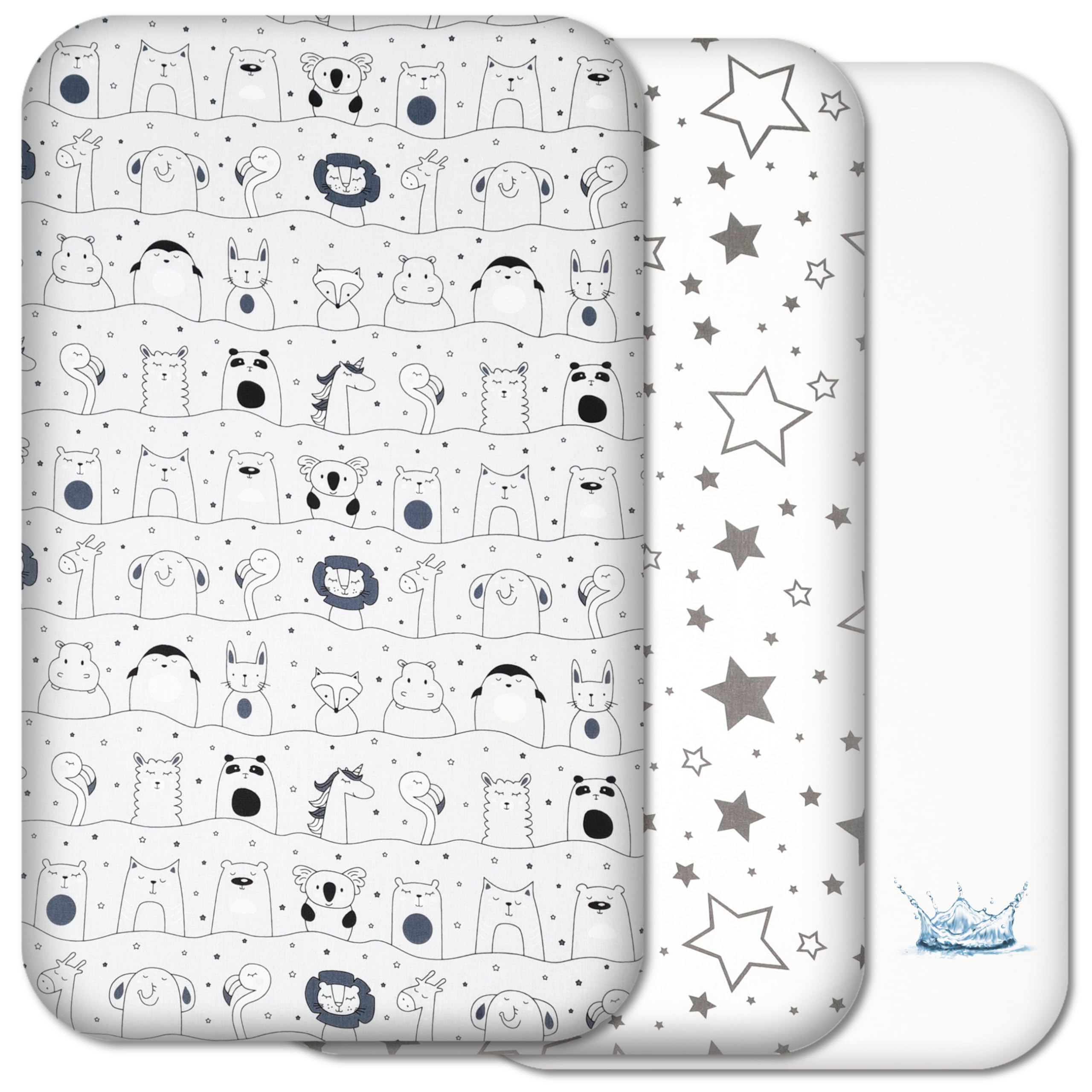 Selemavi Grey Animals&Stars Next To Me Crib Sheets - 3Pc Crib Fitted Sheet Set - 2 Fitted Cotton Sheets And 1 Waterproof Mattress Protector For Bedside Cribs - 100% Organic Cotton - Made In Europe (, 83X50cm) Size 3