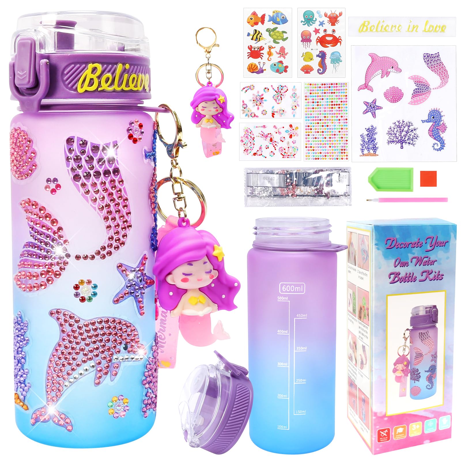 MONCAP Gourde Enfant 600ml Sirène Pop Up Anti-Fuite - Bouteille Sport Personnalisable Filles