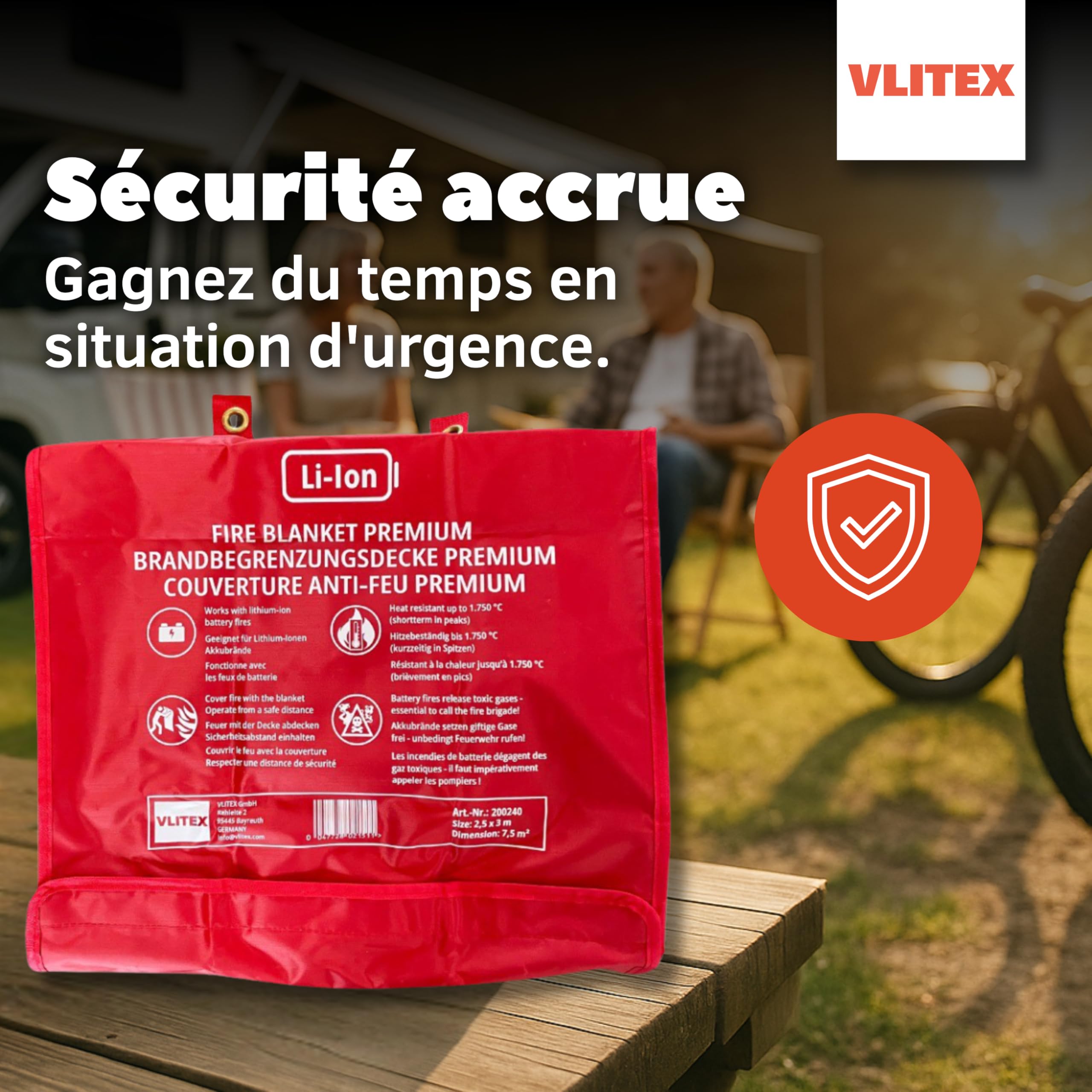 VLITEX Couverture Anti-Feu Batterie Lithium 2,5 x 3 m | pour Trottinettes Électriques, Hoverboards, etc. | Tissu ignifugé | pour la prévention et Une réaction Rapide en Cas d'incendie