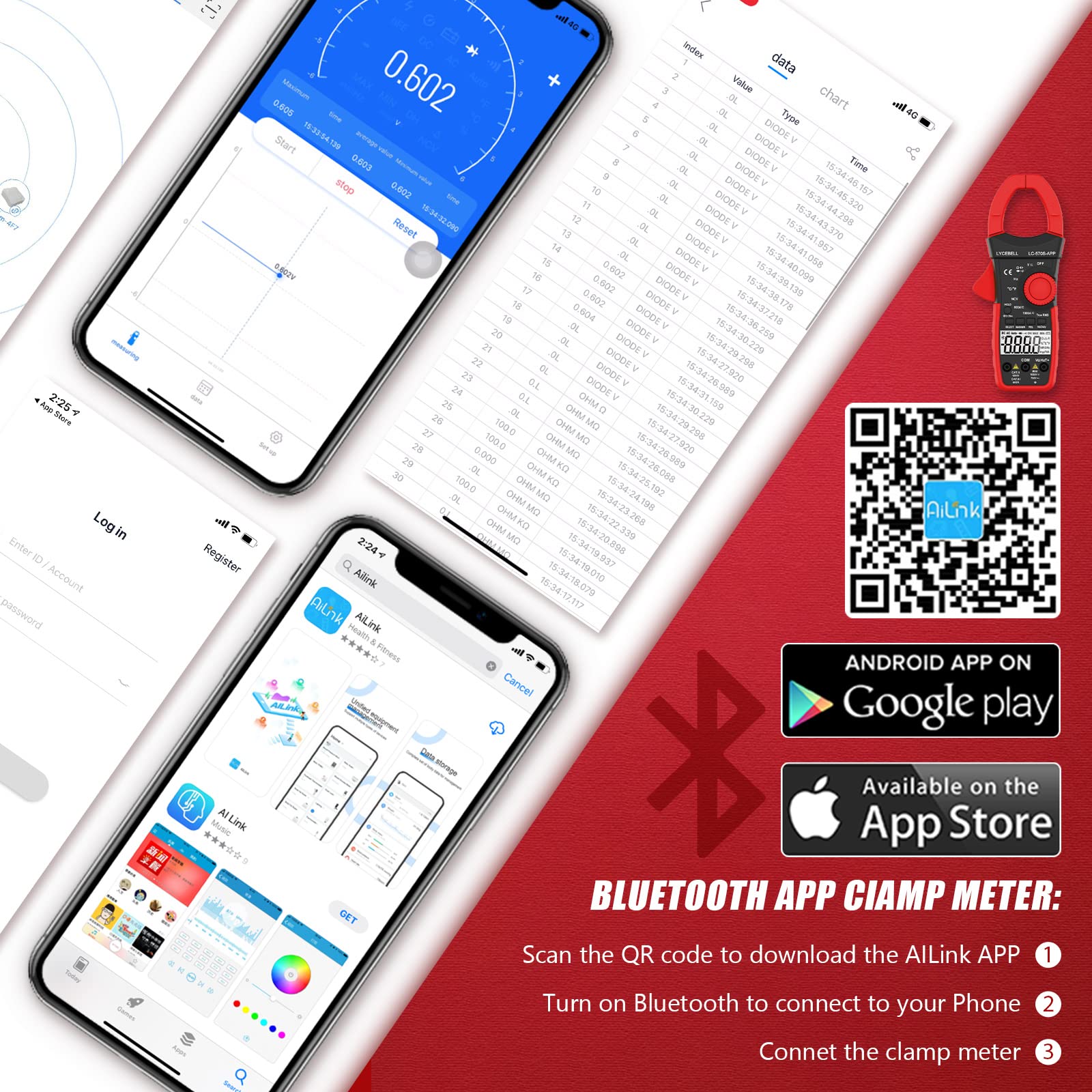 Cyfrowe szczypce prądowe, multimetr, LC-570S App True RMS cyfrowe szczypce prądowe, multimetr do napięcia AC/DC, prądu, oporu, nasadki, częstotliwości, temperatury, NCV z aplikacją przez