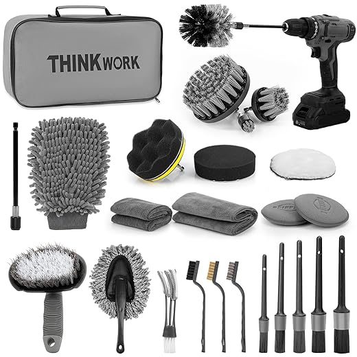 THINKWORK Car Detailing Kit, Car Detailing Brush Set, Car Cleaning Drill Brush Kit with Extension Pole, Professional Auto Detailing Supplies for Automobile Interior Exterior Wheels