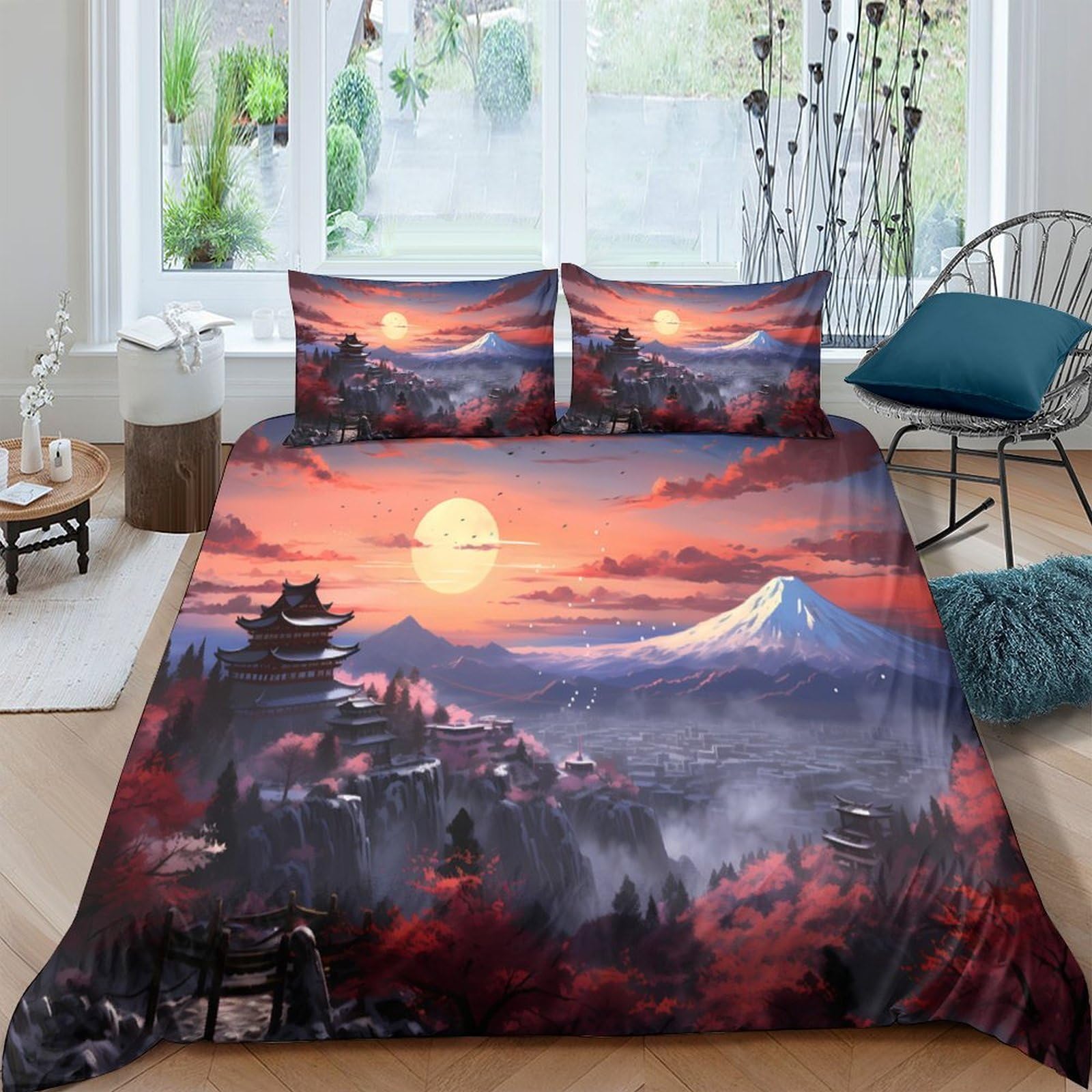 Ctjqhvkz Style-1 3D Printed Japanese Sunset Fitted Sheet Microfiber Soft Breathable Mount Fuji Bed Cover For Bedroom Dorm Decor Single（135X200cm）