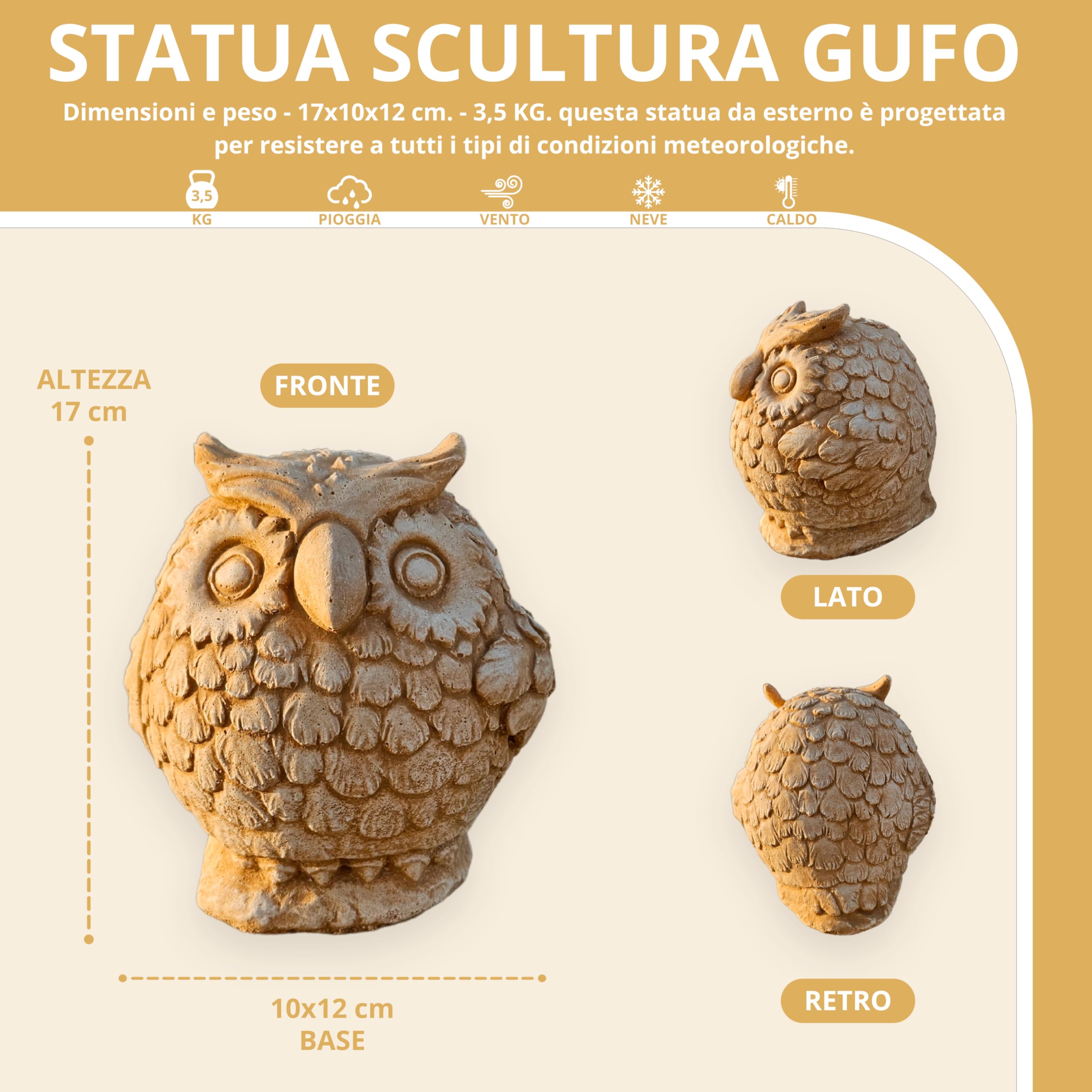Gufo Porta Fortuna Statua Giardino In Polvere Di Marmo Gufetto Portafortuna Civetta Altezza 17 - Base 10x12 Cm - Peso 3,5 Kg