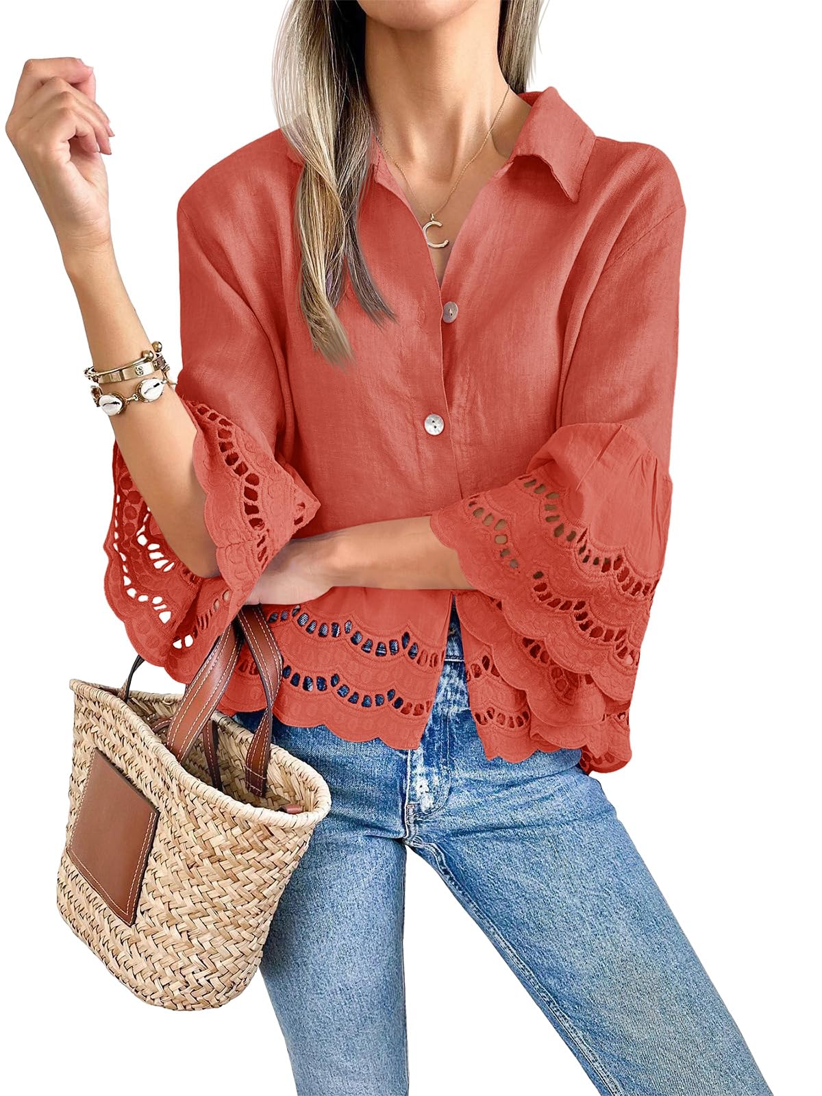 Cicy Bell Camicetta da donna con maniche a 3/4 a campana, bottoni, casual, orlo arricciato, top con occhielli