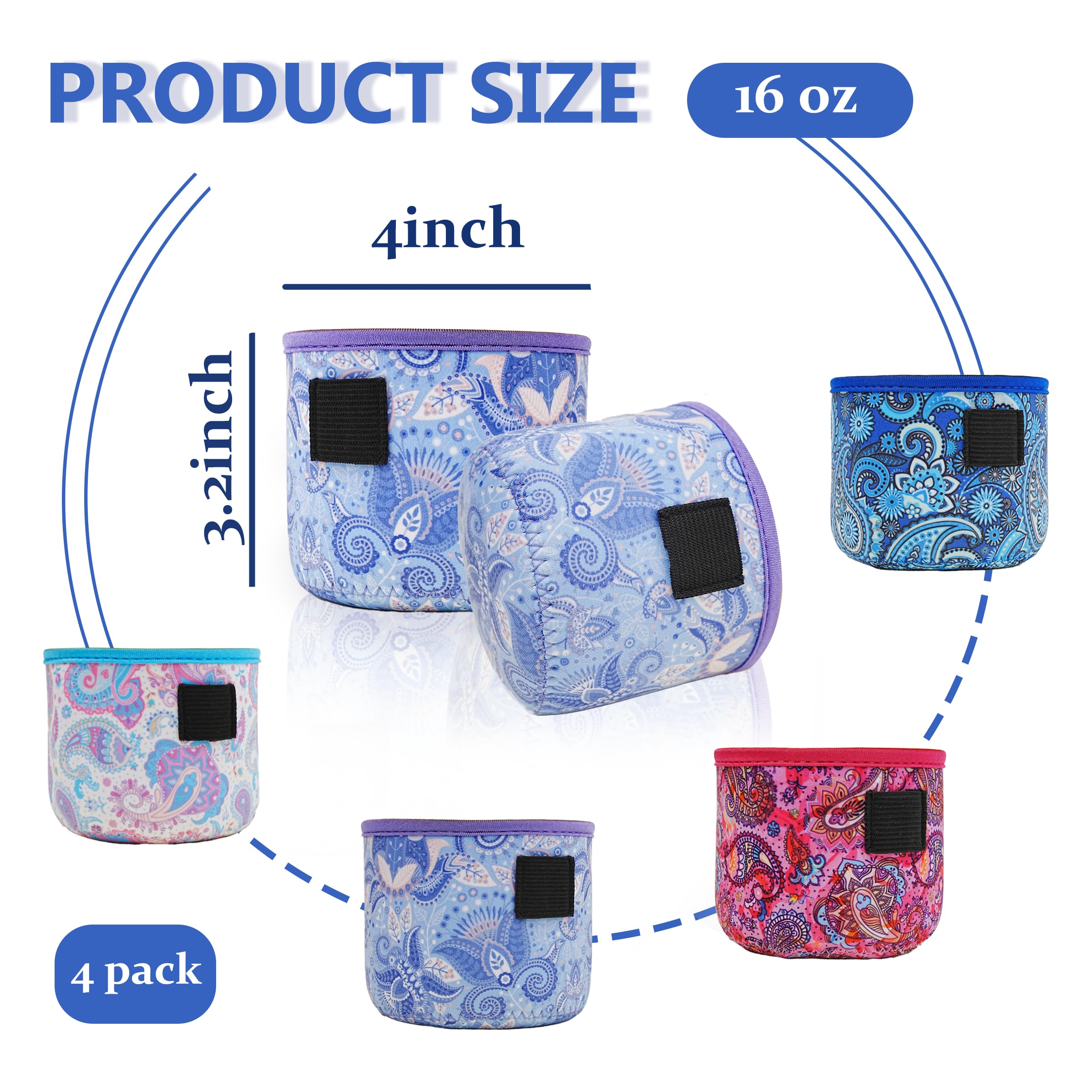 KJQJLY 4 Pack Reusable Ice Cream Neoprene Sleeves with Handle,Neoprene Insulated Sleeves for Ninja Creami Pints,16oz Insulated Sleeves for NC301 NC300 NC299AMZ Series (16oz,Paisley)
