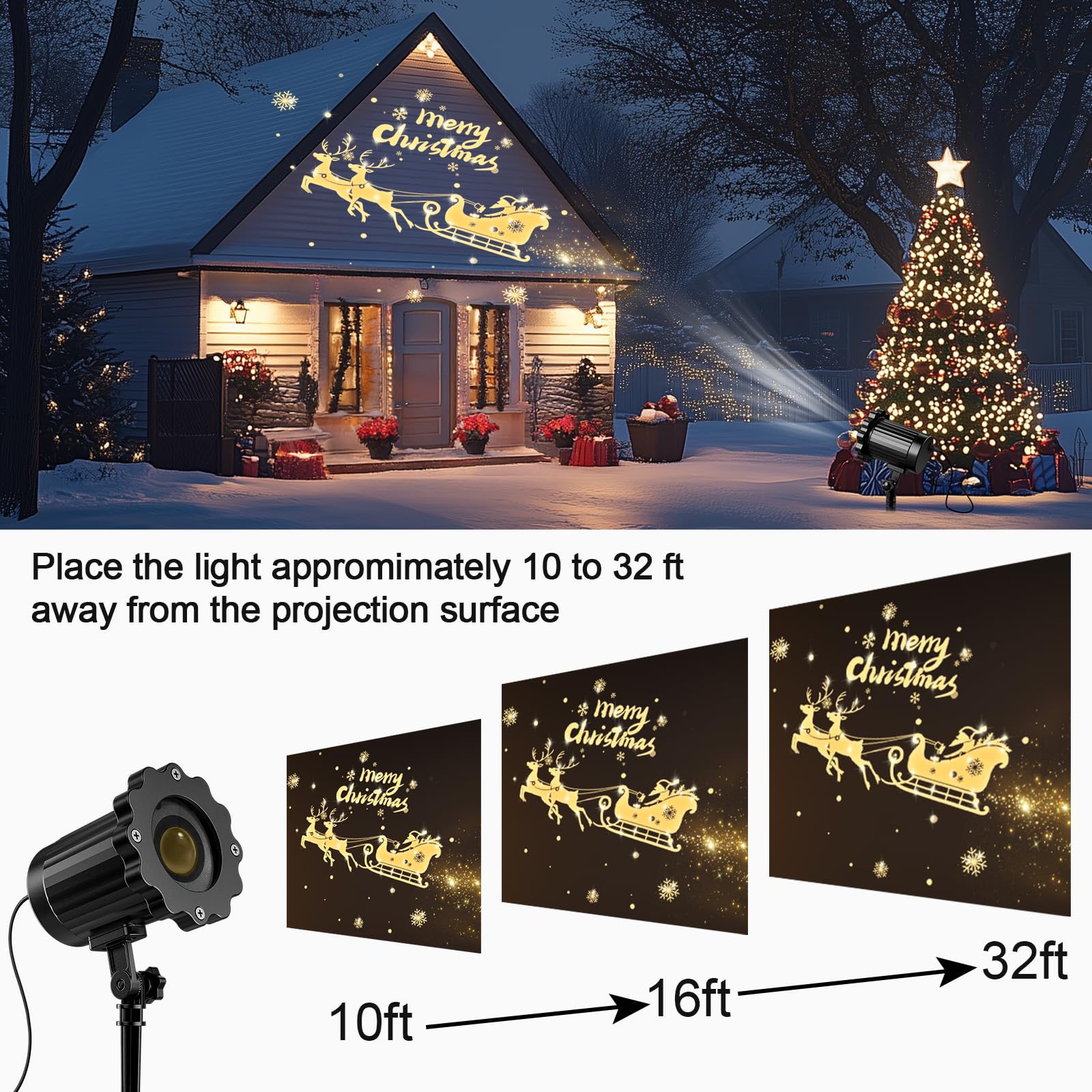 Dynamische 3D-Weihnachtsprojektor-Lichter für den Innen- und Außenbereich - 2025 Upgrade Weihnachtsmann im Schlitten, Weihnachtsdekoration, wasserdichte Urlaubsprojektor-Lichter für Fenster, Boden