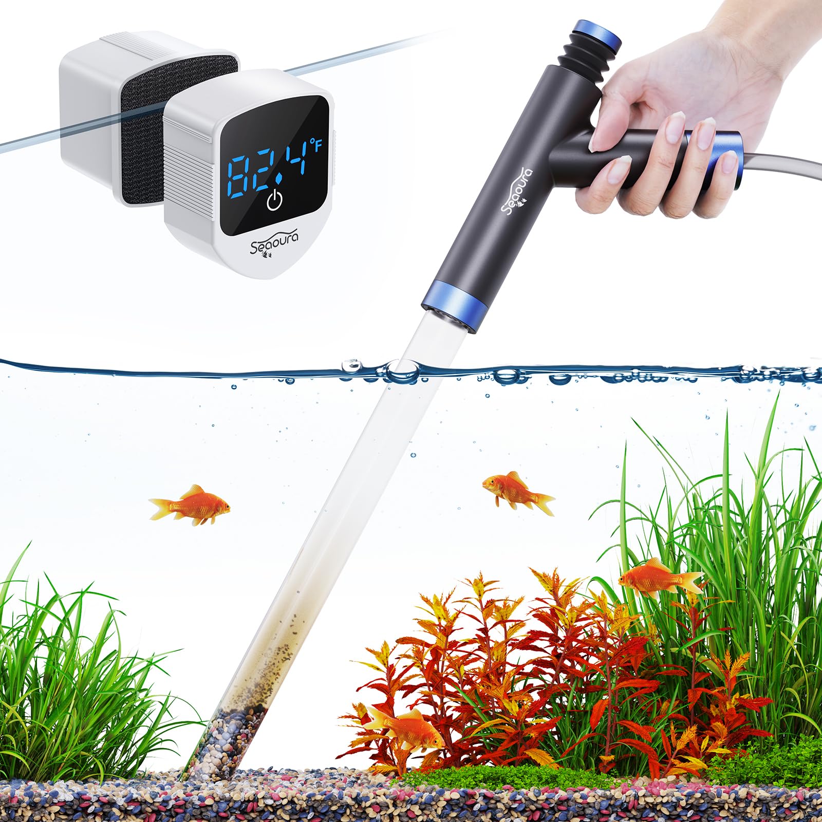 SEAOURA Fish Tank Cleaner Aquarium Gravel Vacuum Tool with Digital Magnetic Cleaner