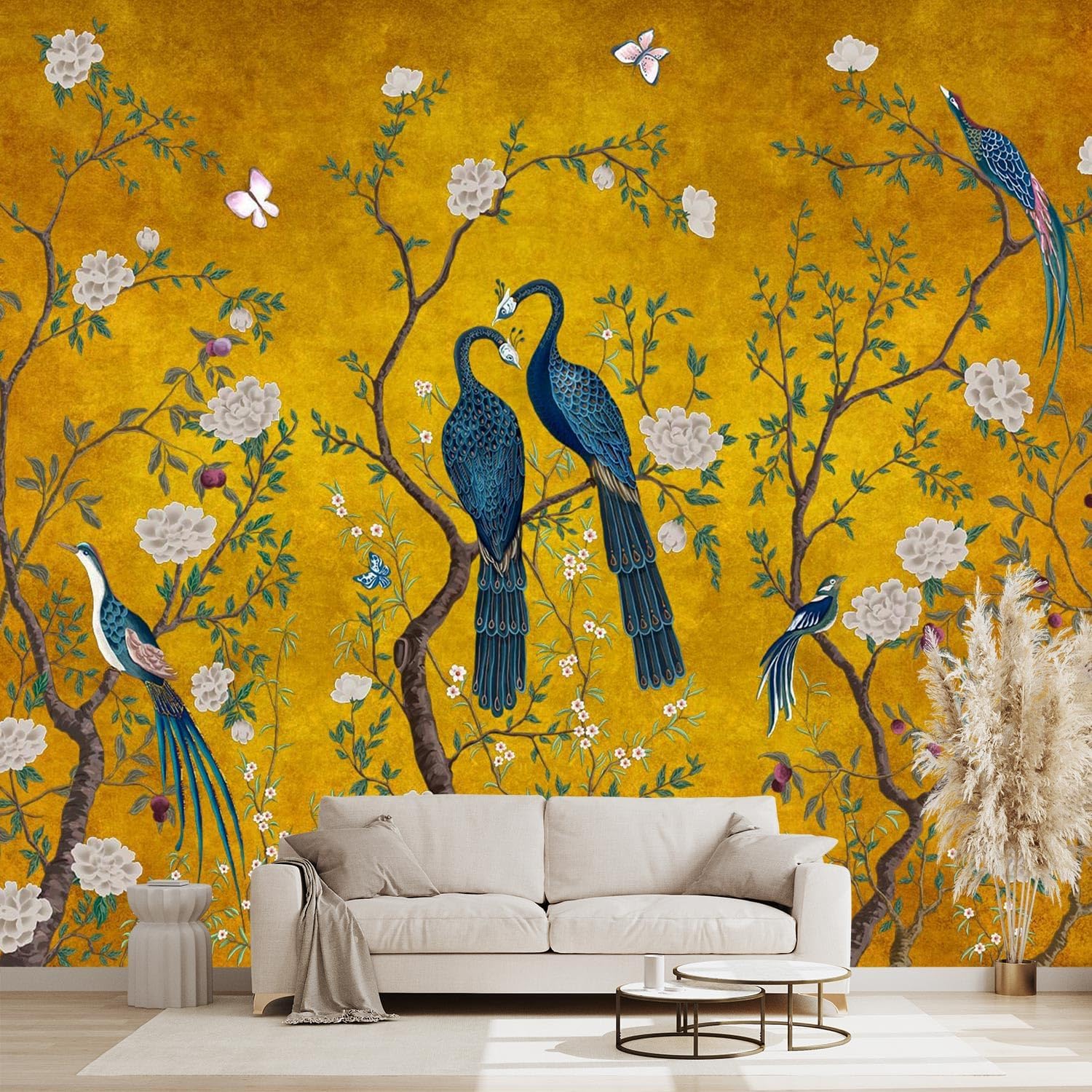 Golden Chinese Style Flowers Birds Wallpaper Bedroom Botanical Large Wall Mural - 183"x120"?Not Peel and Stick? W0004 183"x120"