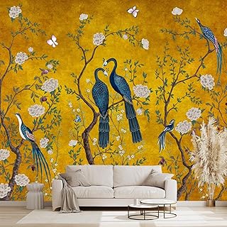 Golden Chinese Style Flowers Birds Wallpaper for Bedroom Botanical Wall ...