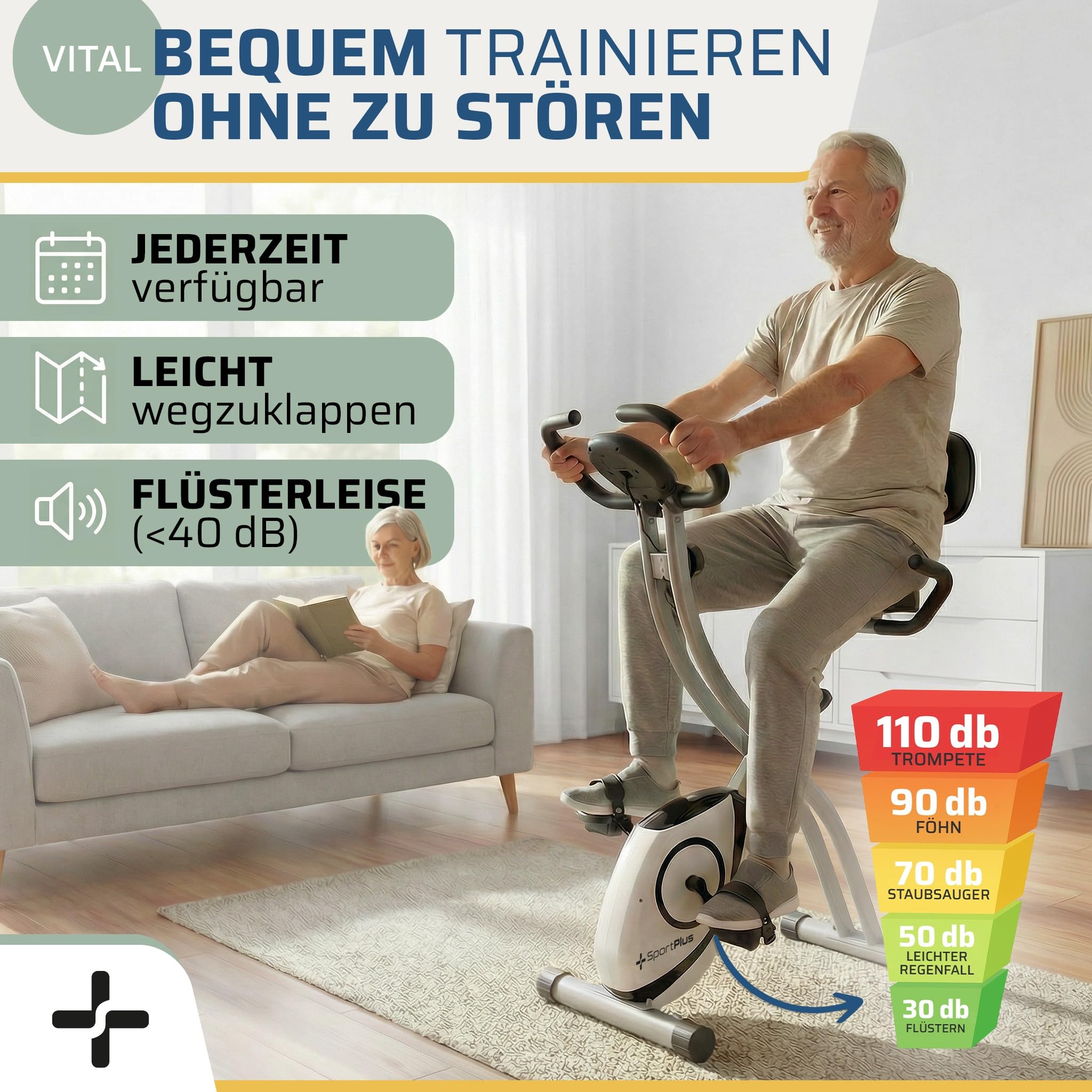 SportPlus Heimtrainer Fahrrad klappbar - Hometrainer Fahrrad klappbar - extra leiser Hometrainer für zuhause - Faltbares Fitnessbike - Ergometer Heimtrainer mit Rückenlehne