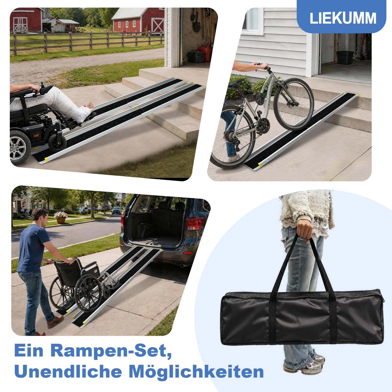 LIEKUMM Rampa dla wózków inwalidzkich, zestaw 2 szt., aluminiowa rampa do wózka inwalidzkiego, wysuwana, 121,5 do 212,5 cm, nośność 300 kg, rampa najazdowa dla wózków inwalidzkich, rampa progowa do