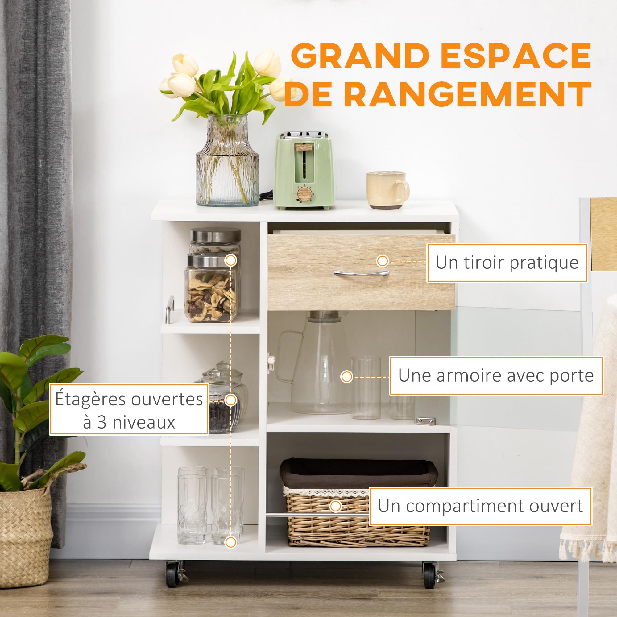 HOMCOM Desserte de Cuisine, Chariot de Service, Roues pivotantes 360°, étagères avec barrières, îlot Central Cuisine, avec tiroir, étagères, Placard, 65 x 39 x 80 cm, Blanc