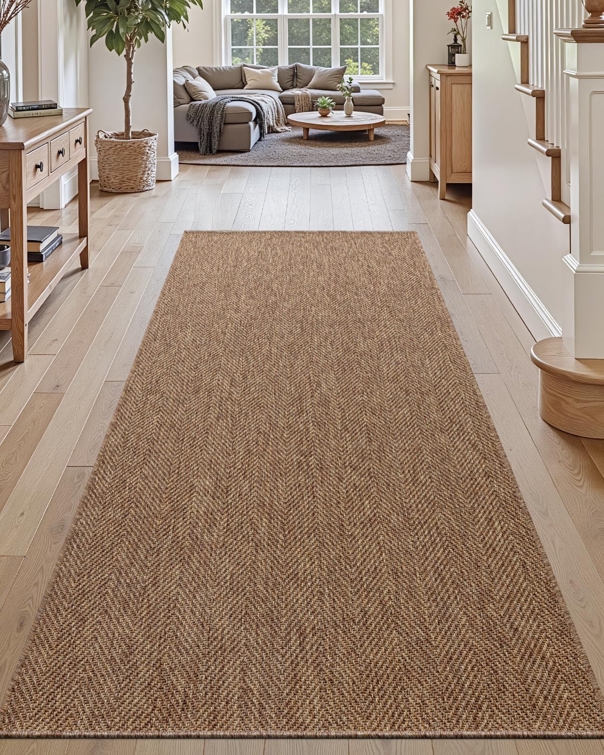 DEXI Hallway Runner Rug, 3.3x8 Boho Braided Kitchen Rug, Woven Farmhouse Thin Floor Carpet, Low Pile Indoor Entryway Dirt Trapping Runners for Hallway Entryway Kitchen Laundry, Brown 3'3" x 8' (Rectangular) Brown