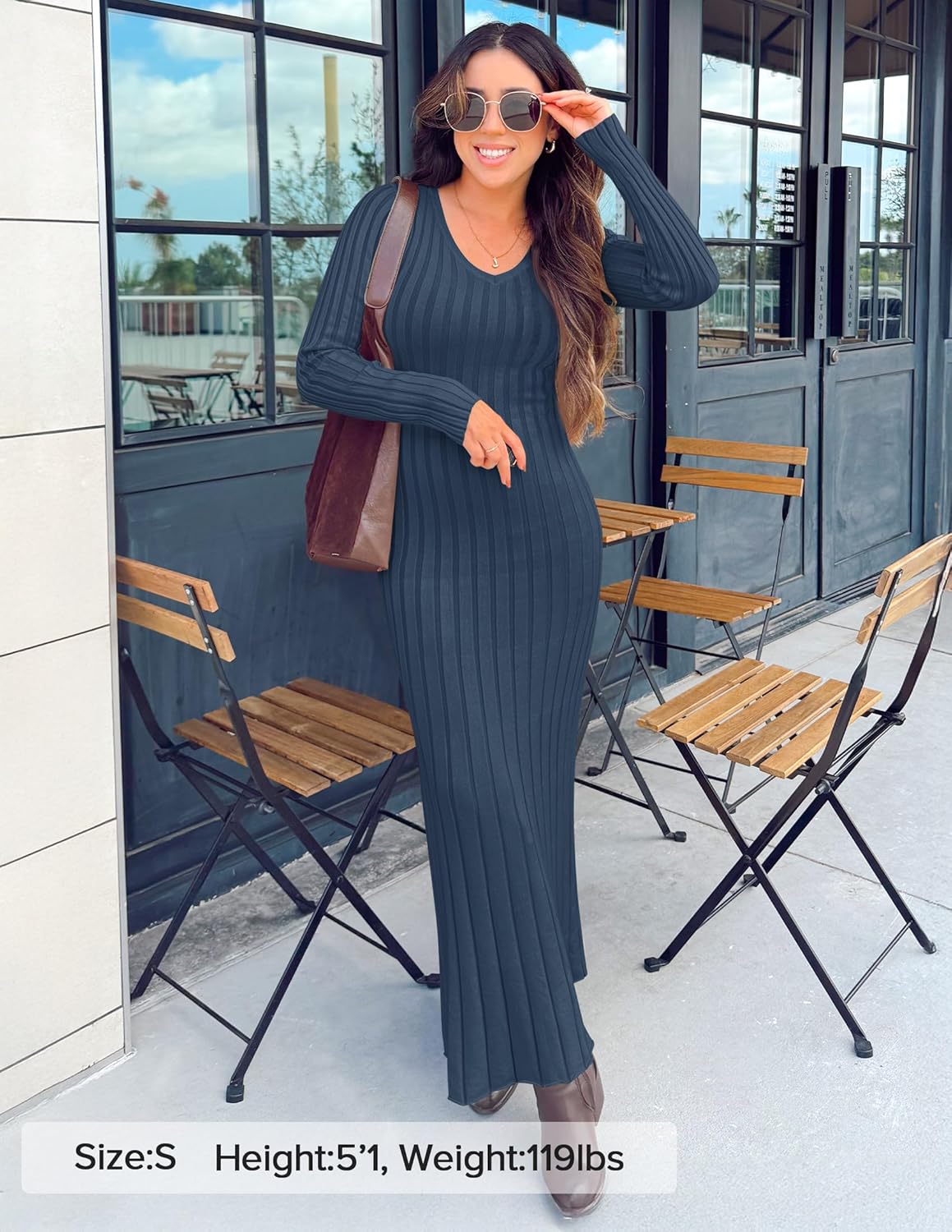 ZESICA Women's 2026 Spring Sweater Dress Long Sleeve V Neck Ribbed Knit Party Cocktail Bodycon Maxi Dresses - Image 6