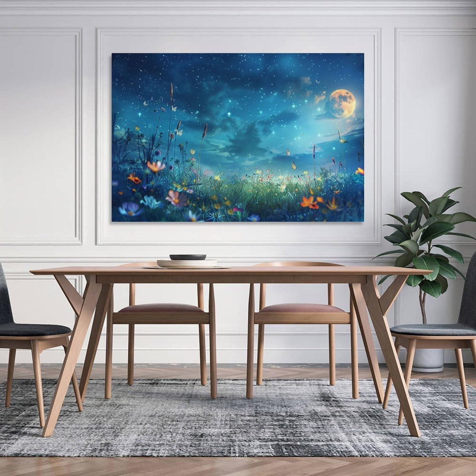 Amazon.co.jp: 絵画 美しい星空と月と夜の花畑 アートパネル ポスター