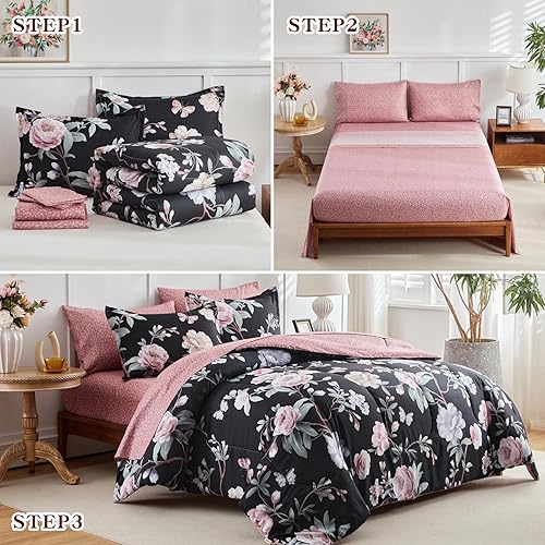 Miniatura 10 de Joyreap Bed in a Bag - Juego de sábanas de edredón floral de 6 piezas, hojas verdes, pájaros coloridos sobre blanco, juego de edredón de microfibra