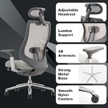 COLAMY Ergonomic Mesh Office Chair, High Back Executive Desk Chair with Adjustable Headrest, 4D Arm, Slide Seat, Tilt Lock, Lumbar Support, Light Grey