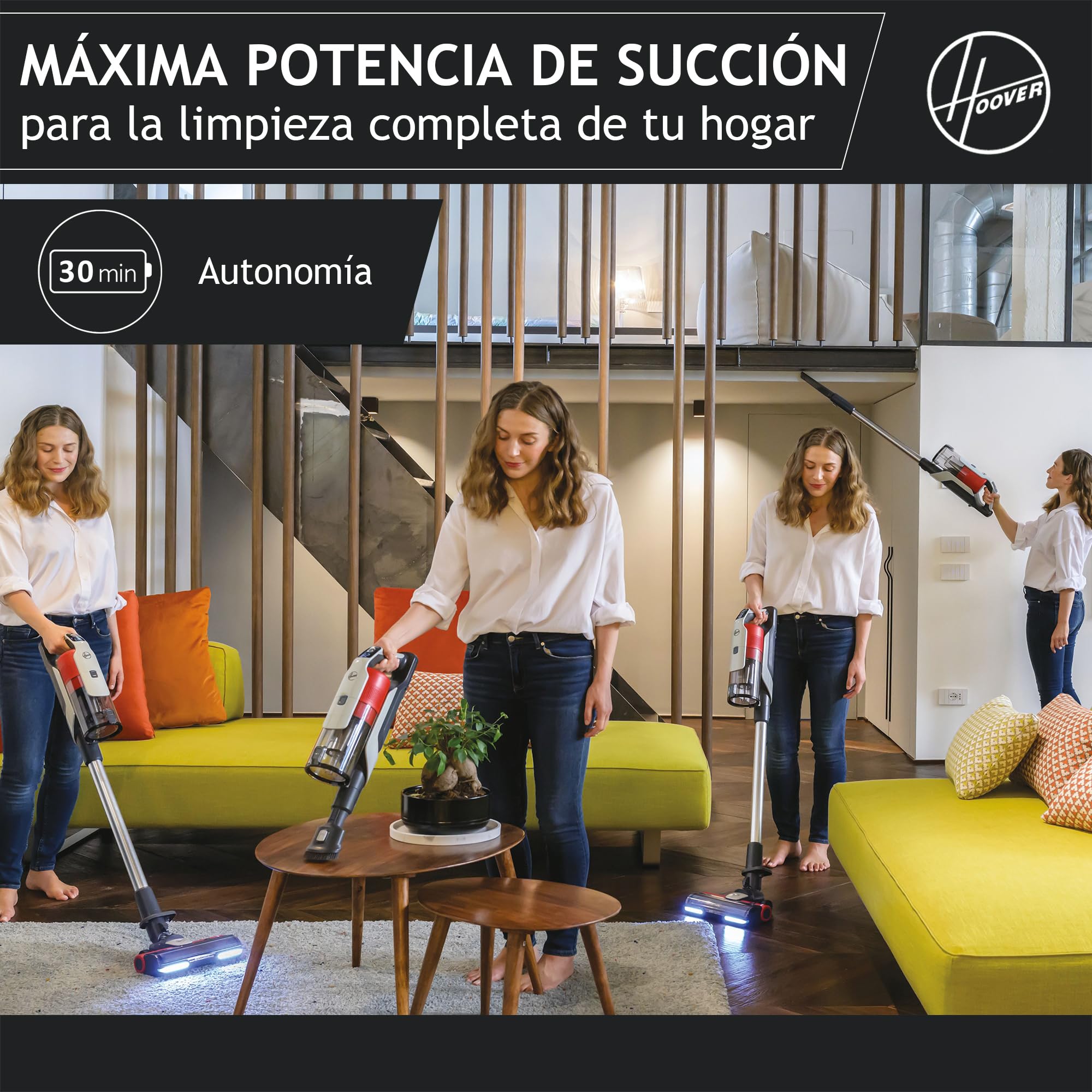 Hoover HF9 Home HF910H, Aspiradora Escoba sin Cable, sin Bolsa, 3 en 1, Escoba, de Mano y Vertical, Cepillo Antienredos, Autonomía 30 min, Color Gris/Rojo