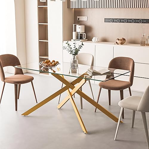 Miniatura 48 de Mesa de comedor de cristal de 51 pulgadas para 4, mesa de comedor rectangular contemporánea con parte superior de vidrio templado y patas de acero