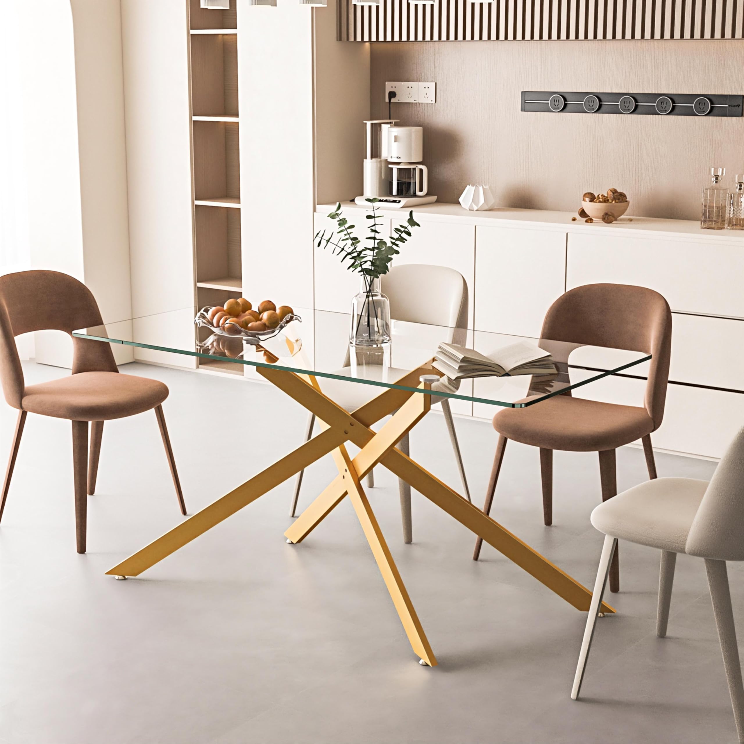 SSLine 60.6" Rectangle Glass Dining Table for 6 Modern Glass Tabletop Kitchen Table for 6 Luxury Dining Room Tables with Gold Nest-Shape Metal Base