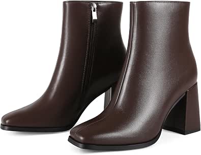 Women's Square Toe Ankle Boots with Chunky Heel and Side Zipper