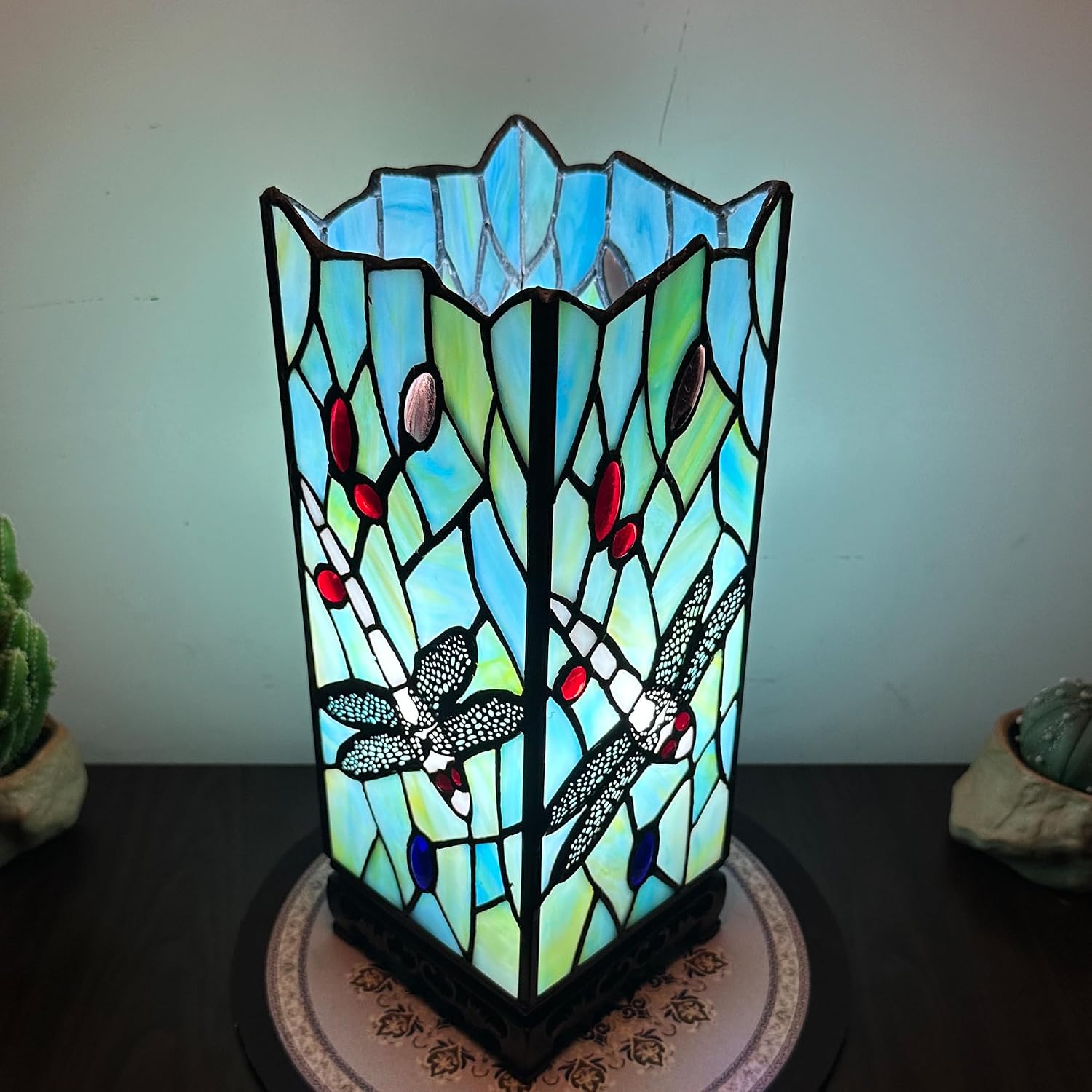 Tiffany Style Table Lamp, Sea Blue Dragonfly Stained Glass Night Light, Mini Cute Bedside Accent Lamp for Kids Bedroom Unique LED Cottage Aesthetic Desk Light Small Decorative Nightstand Lamp