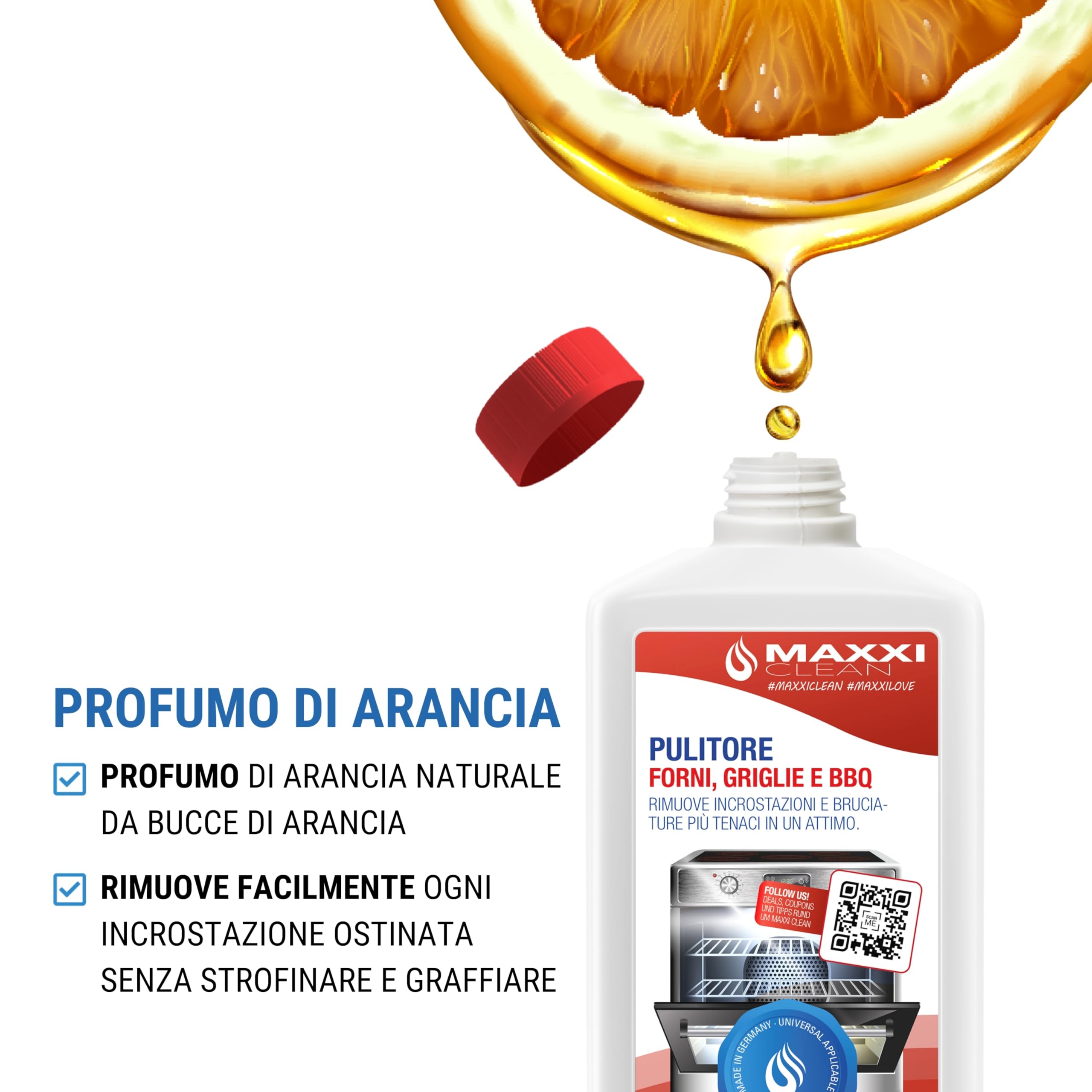 MAXXI CLEAN | Pulitore per forno, grill e BBQ extra forte (750 ml)| Pulitore e sgrassatore automatico | Per forno, piano cottura e grill | Scioglie incrostazioni