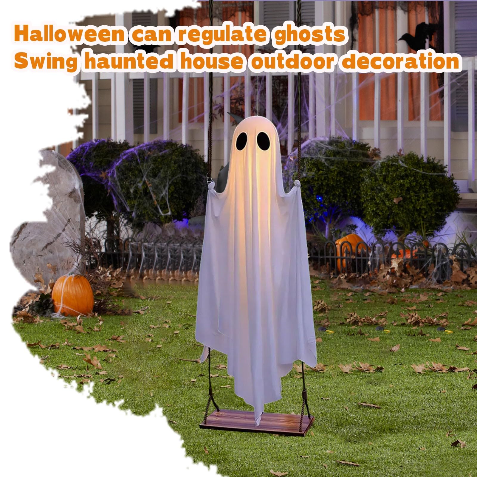 Halloween-Dekorationen für den Außenbereich – 1,5 m große hängende Schaukel mit Lichterkette – gruselige, niedliche Geister für Veranda, Hof, Baum (weiß)