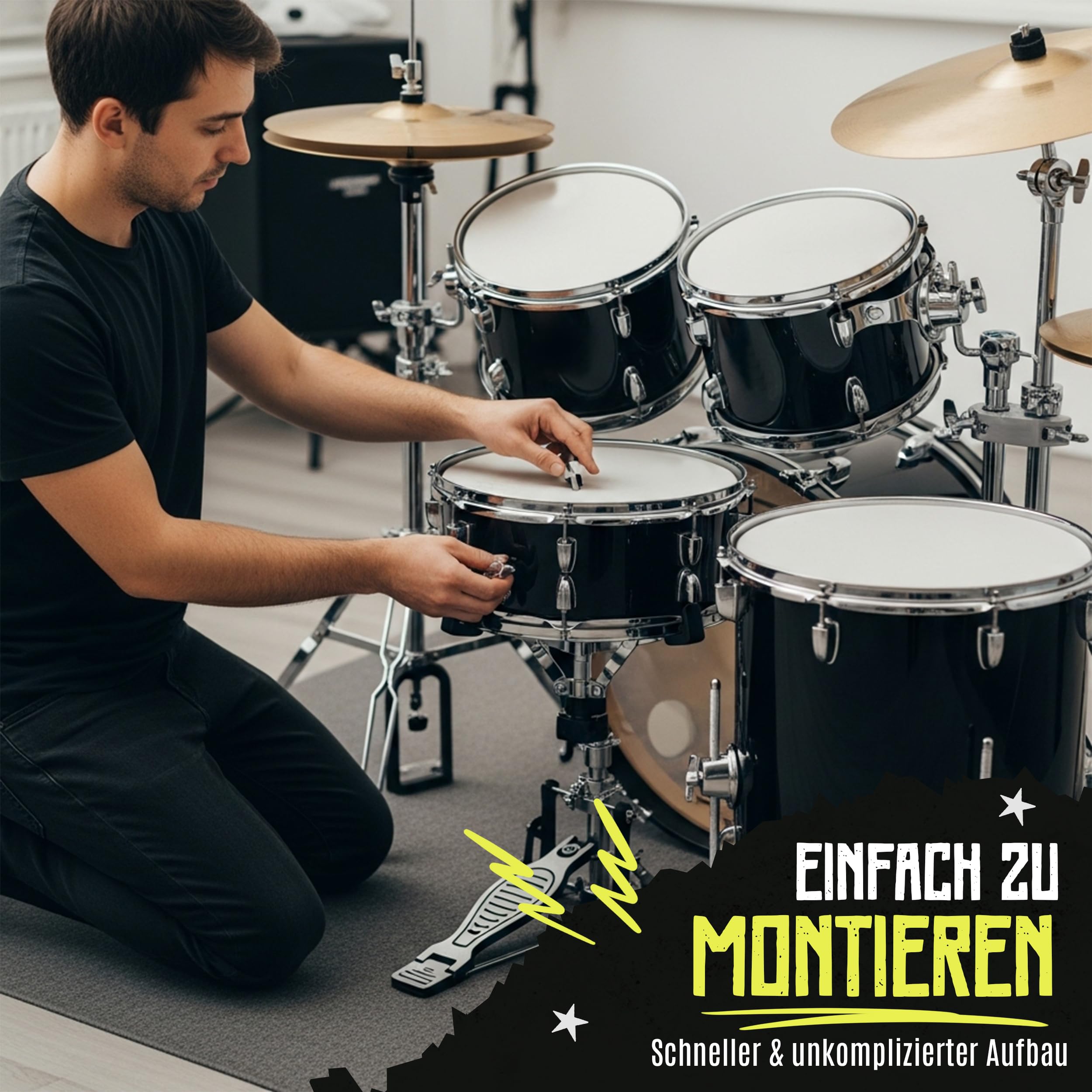 Santander Schlagzeug Set 9-teilig schwarz – Musik-Lern-Instrumentenset für Anfänger, Jugendliche & Schüler – mit Becken, Ständer, Hocker, Snaredrum, Bassdrum, Toms - in Hochglanz schwarz