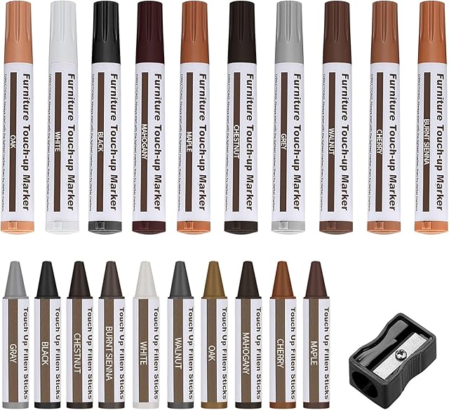 Furniture Repair Kit, 17 Pcs Wood Filler Touch Up Pens Furniture Repair Markers and Wax Sticks with Sharpener for Stains, Scratches, Floors Scratch, Tables, Desks, Carpenters, Touch-Ups Repair
