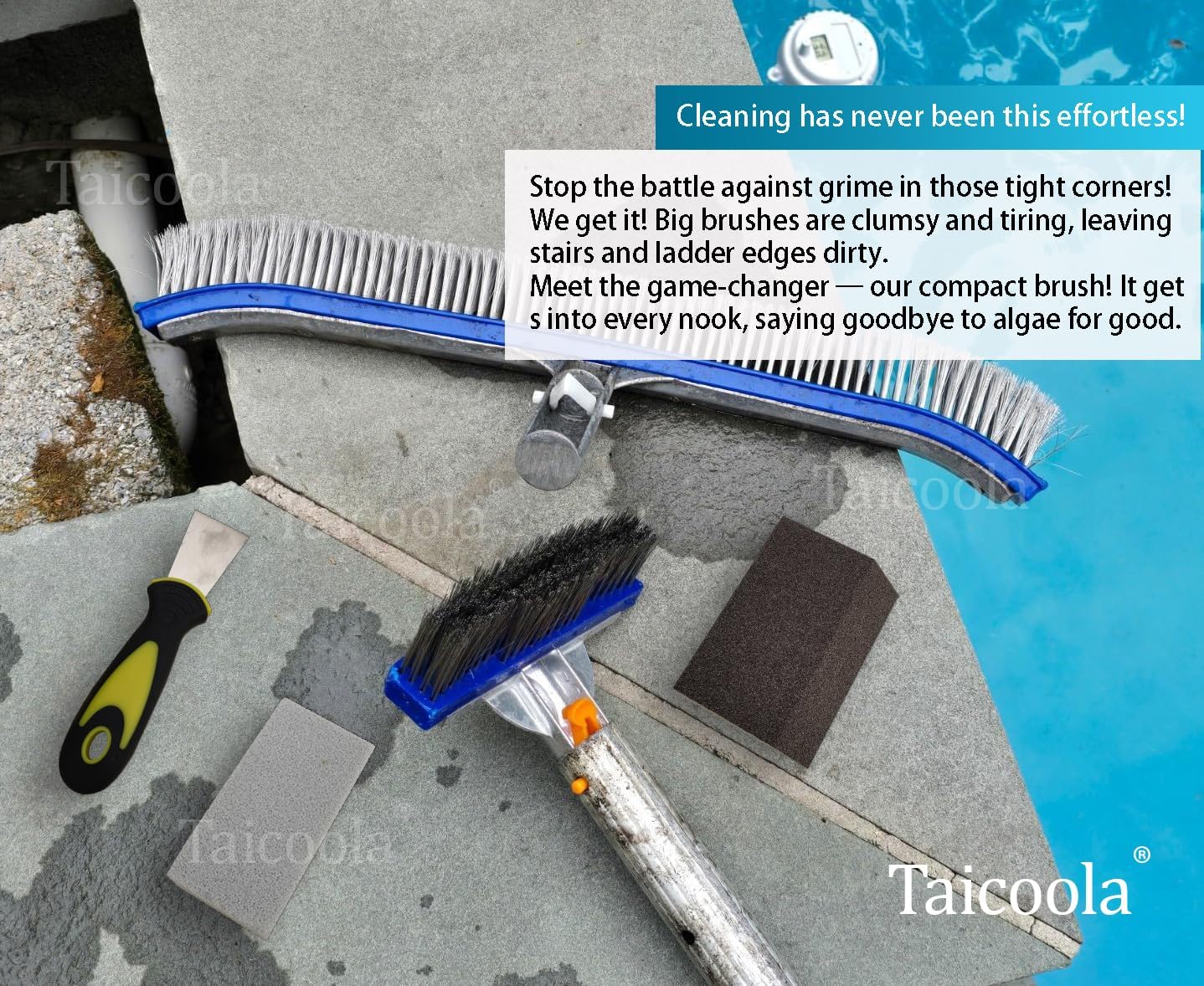 Pool Pumice Stone, 5-inch Wire Pool Brush, Sanding Sponge and Scraper Set with EZ-Clip Handle to Reomve Erase Rust Stain Spot in Concrete Plaster Pool Spa and Calcium Deposit on Pool Tile