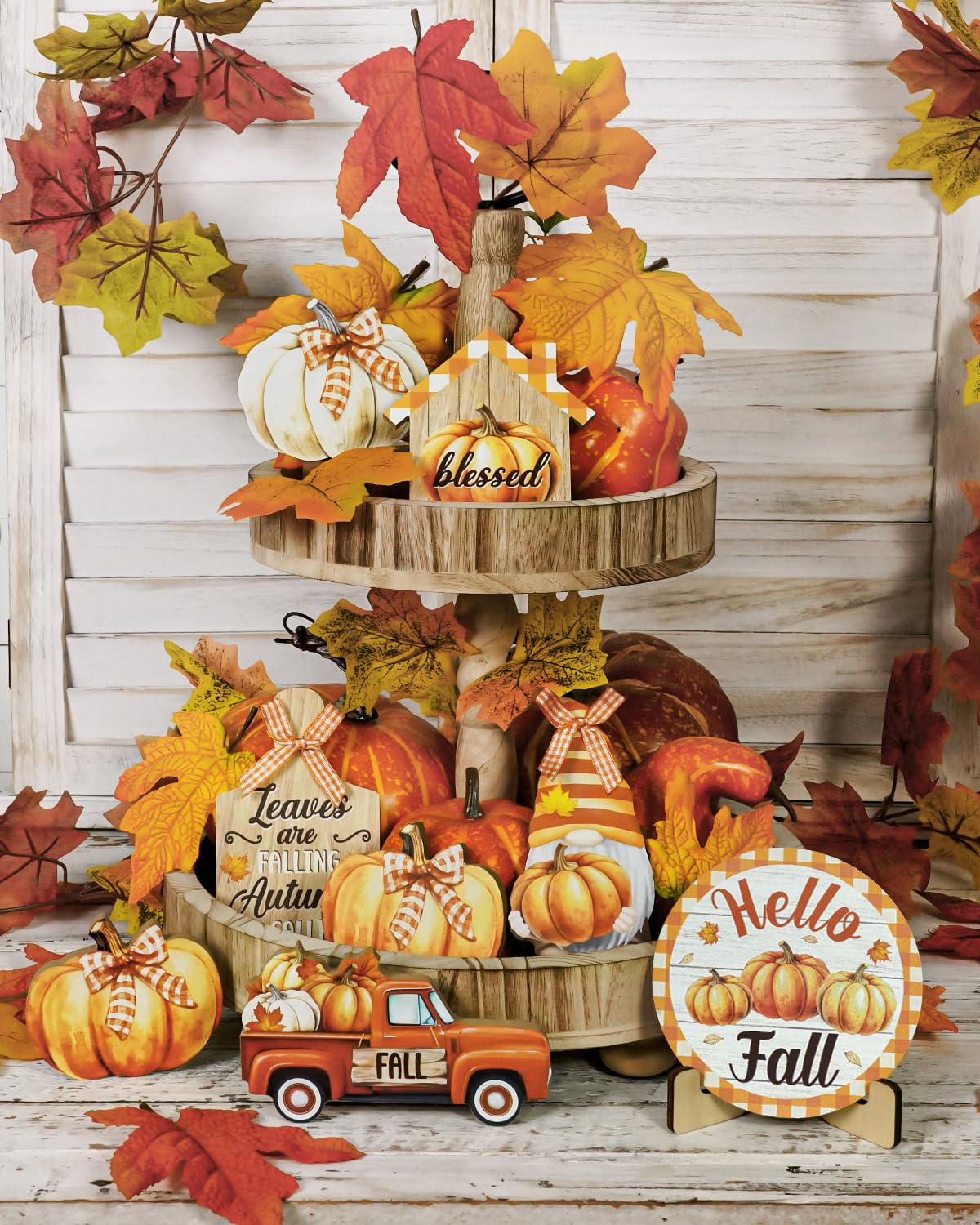 25 Pcs Fall Decor Set – Mini Knit Pumpkins & Maple Leaves For Thanksgiving, Tier Trays & Farmhouse Decor