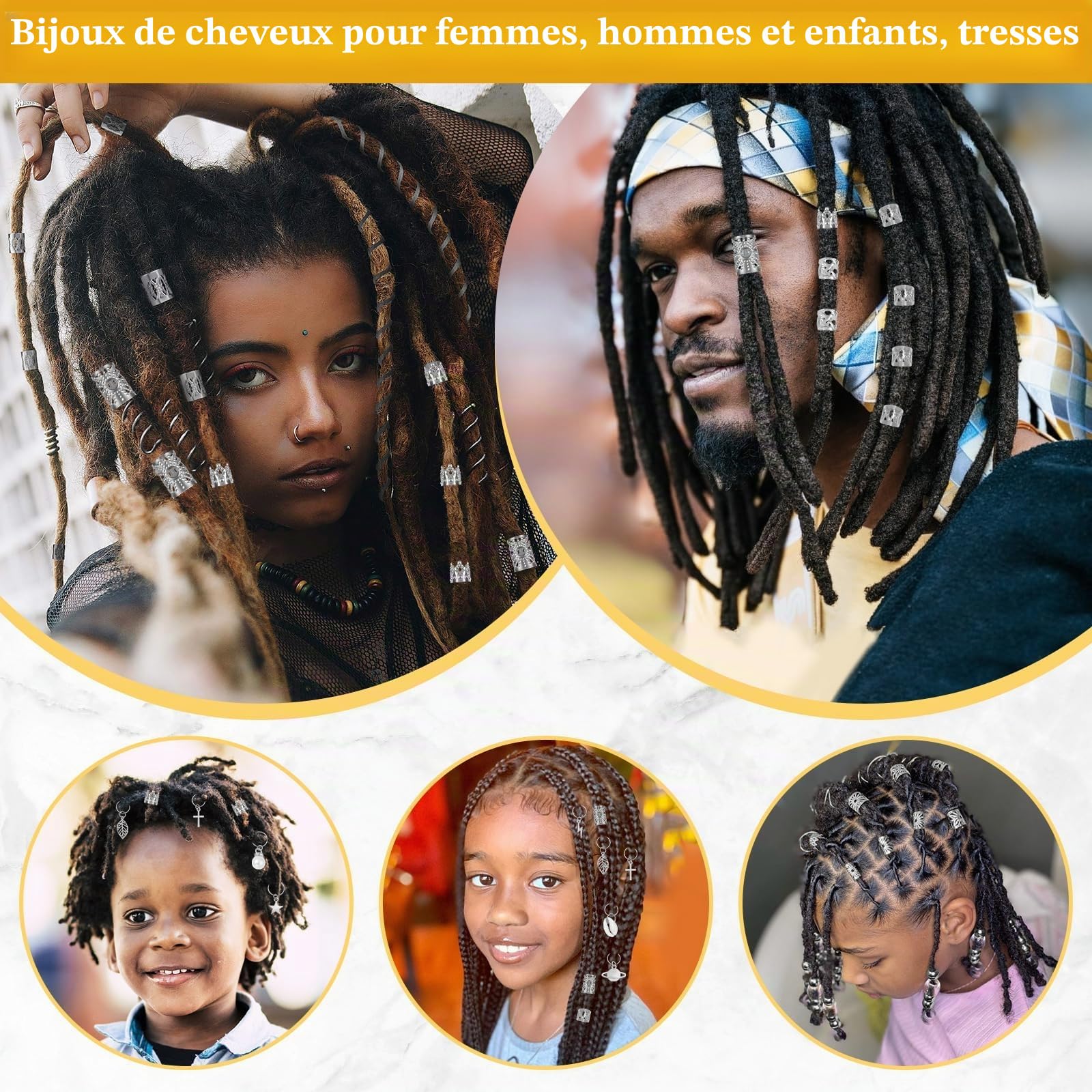 Lucomb Lot de 259 bijoux et accessoires de cheveux – Bijoux en argent, manchettes, clips, breloques, bagues pour tresses, dreadlocks et décoration de cheveux pour femme
