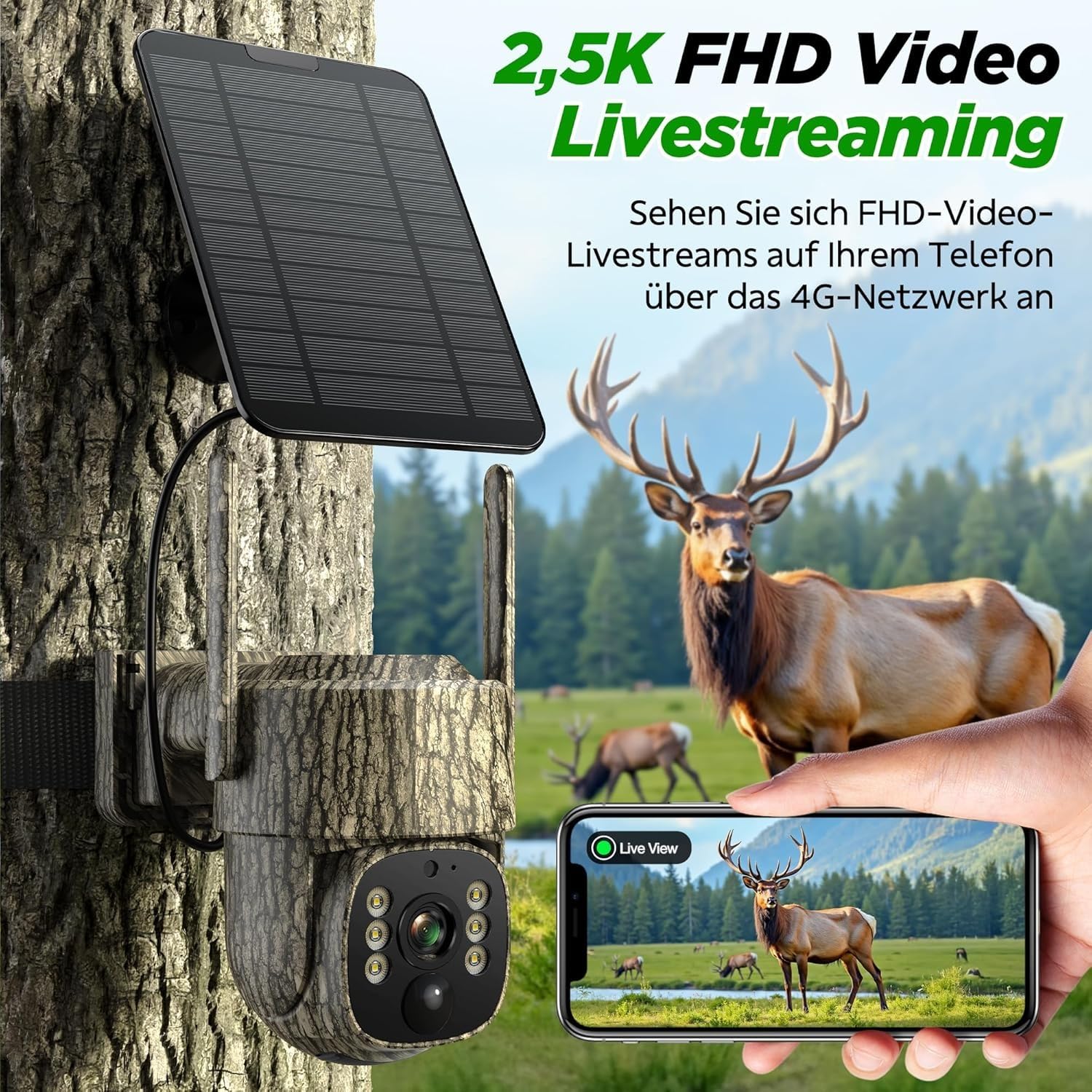 VOOPEAK 4G LTE Wildkamera Solar, 2.5K Live Übertragung Wildkamera mit Handyübertragung App, Wildtierkamera mit Nachtsicht Bewegungsmelder 355° Schwenk 90° Neigung IP66 Wasserdicht
