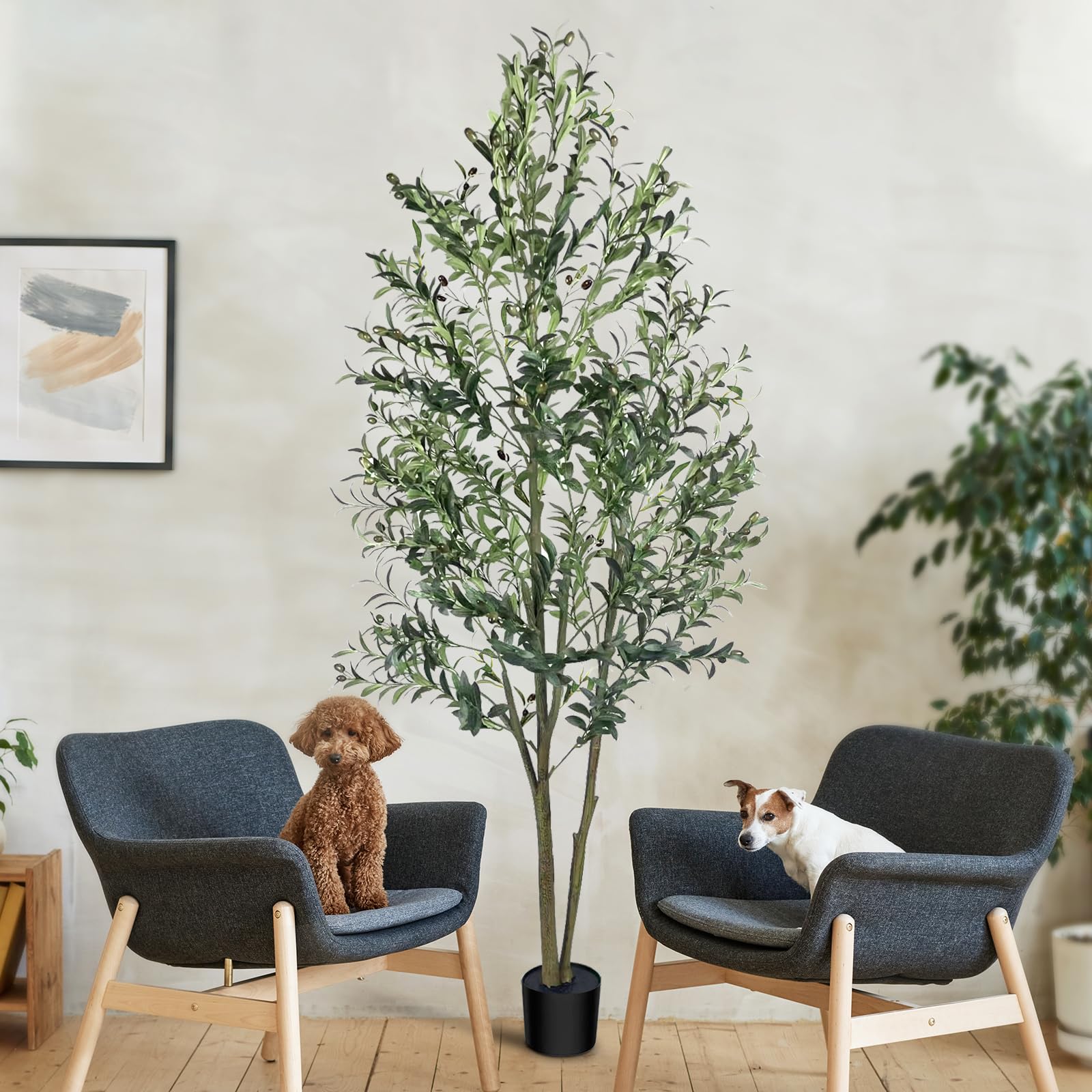 Faux Olive Tree 7FT - Artificial Olive Tree with Realistic Leaves, Tall Trunk and Fruits, Tall Fake Silk Olive Tree with Pot for Bedroom Office Living Home Decor