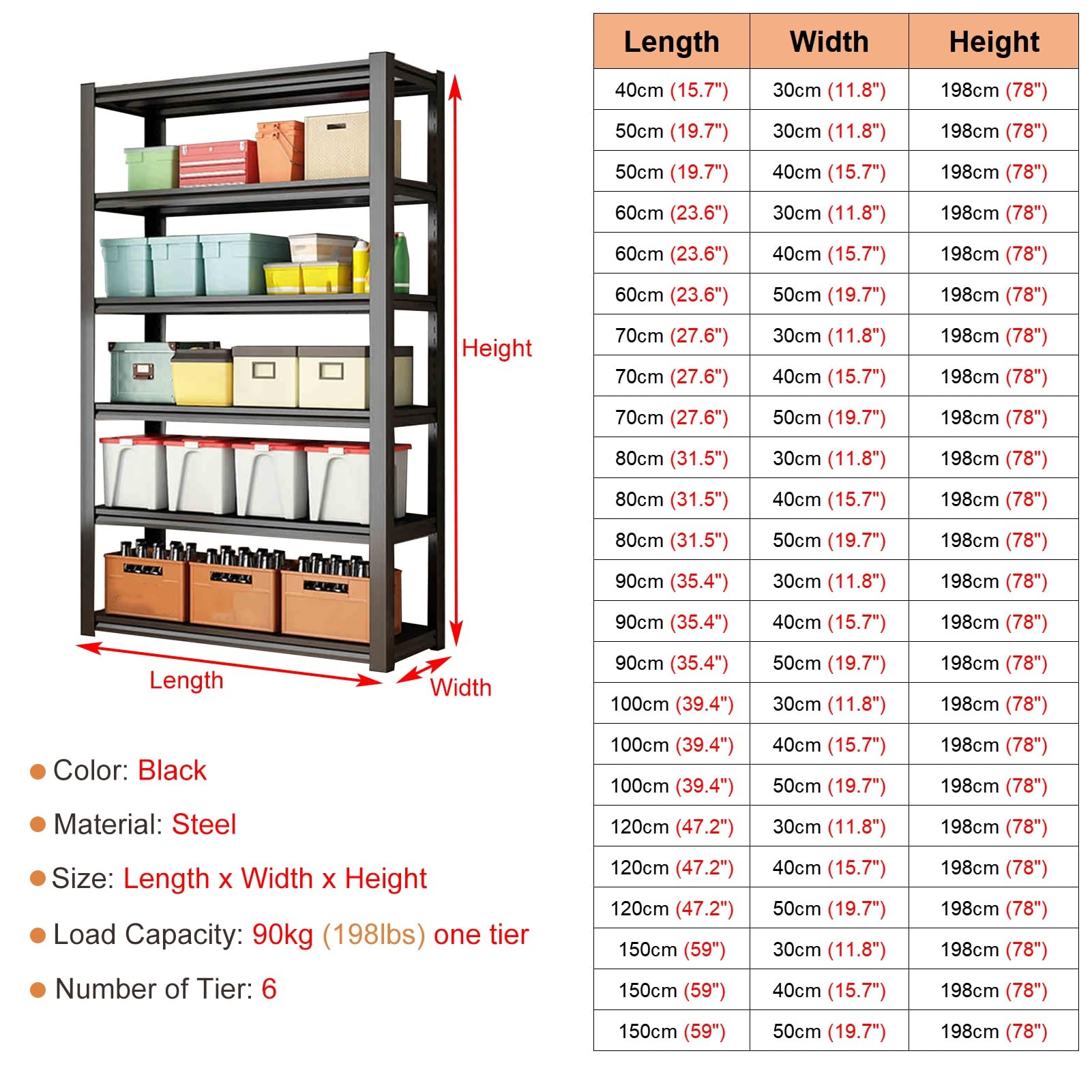 Scaffalatura in acciaio a 6 ripiani, resistente, regolabile, per garage, ripostiglio, cucina, ripostiglio e lavanderia, salvaspazio (L100 x W30 cm)