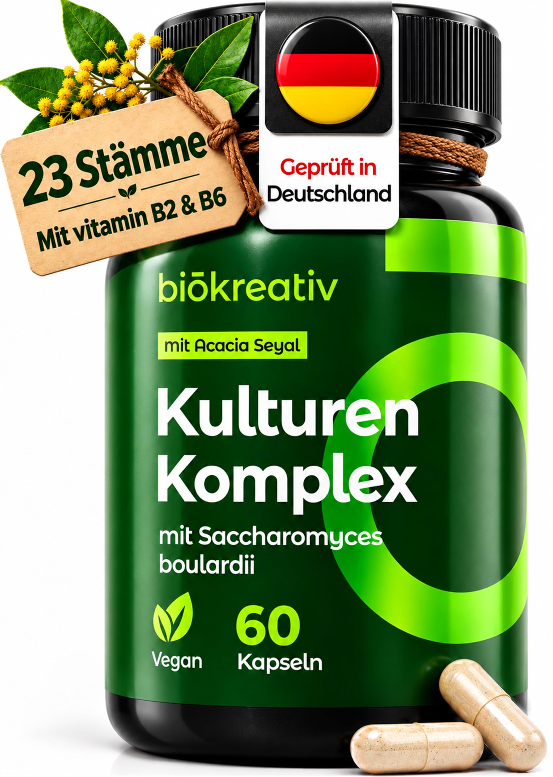 Biökreativ Kulturen Komplex mit Saccharomyces Boulardii – 21 Mrd. KBE, 23 Stämme, mit Akazienfaser, Lactobacillus, Vitamin B2 & B6, Vegan, 60 Kapseln – Laborgeprüft