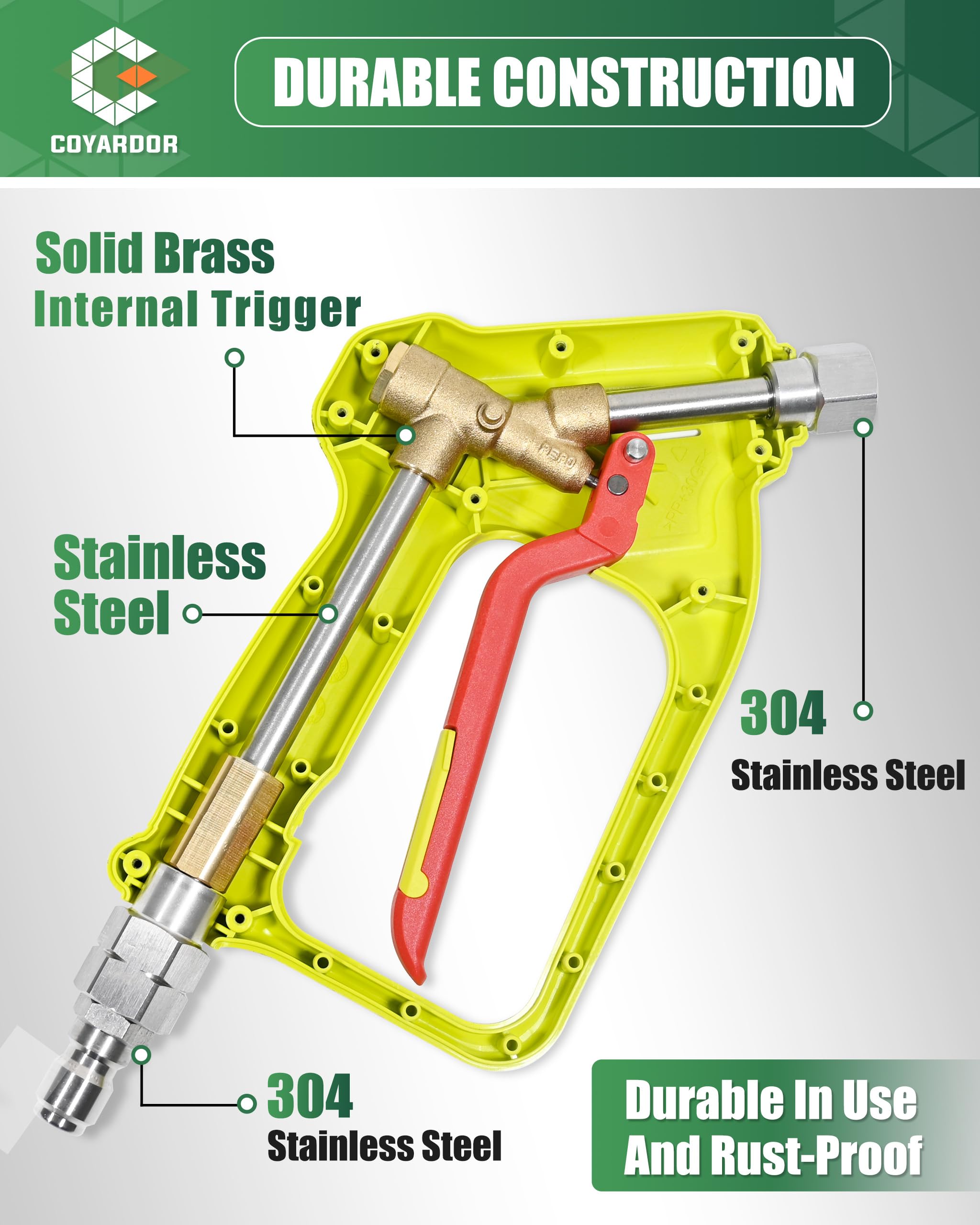 Pistola corta para lavadora a presión con giratorio, mango de lavadora a presión de 4000 PSI 6.8 GPM con enchufe de 3/8 pulgadas y entrada macho M22-14 mm, acoplador de conector rápido de 1/4