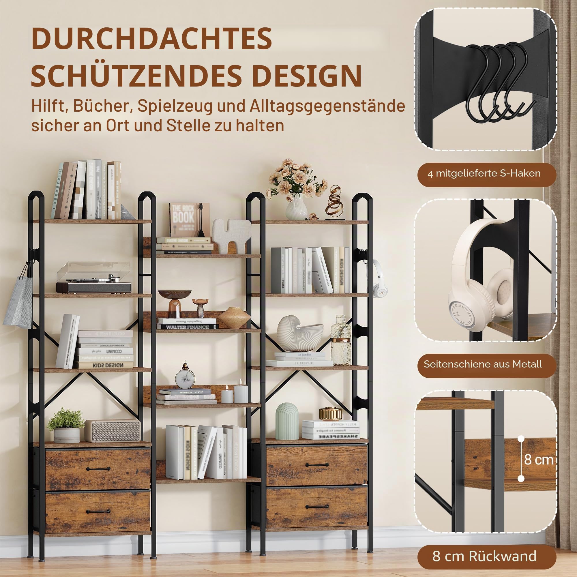 Bücherregal Regal, 158 x 24 x 166 cm, Rustikalbraun und Schwarz | Standregal mit 12 Ablagen und 4 Stoffschubladen, Metallrahmen, für Wohnzimmer, Home Office, Arbeitszimmer, FFSG002FX1