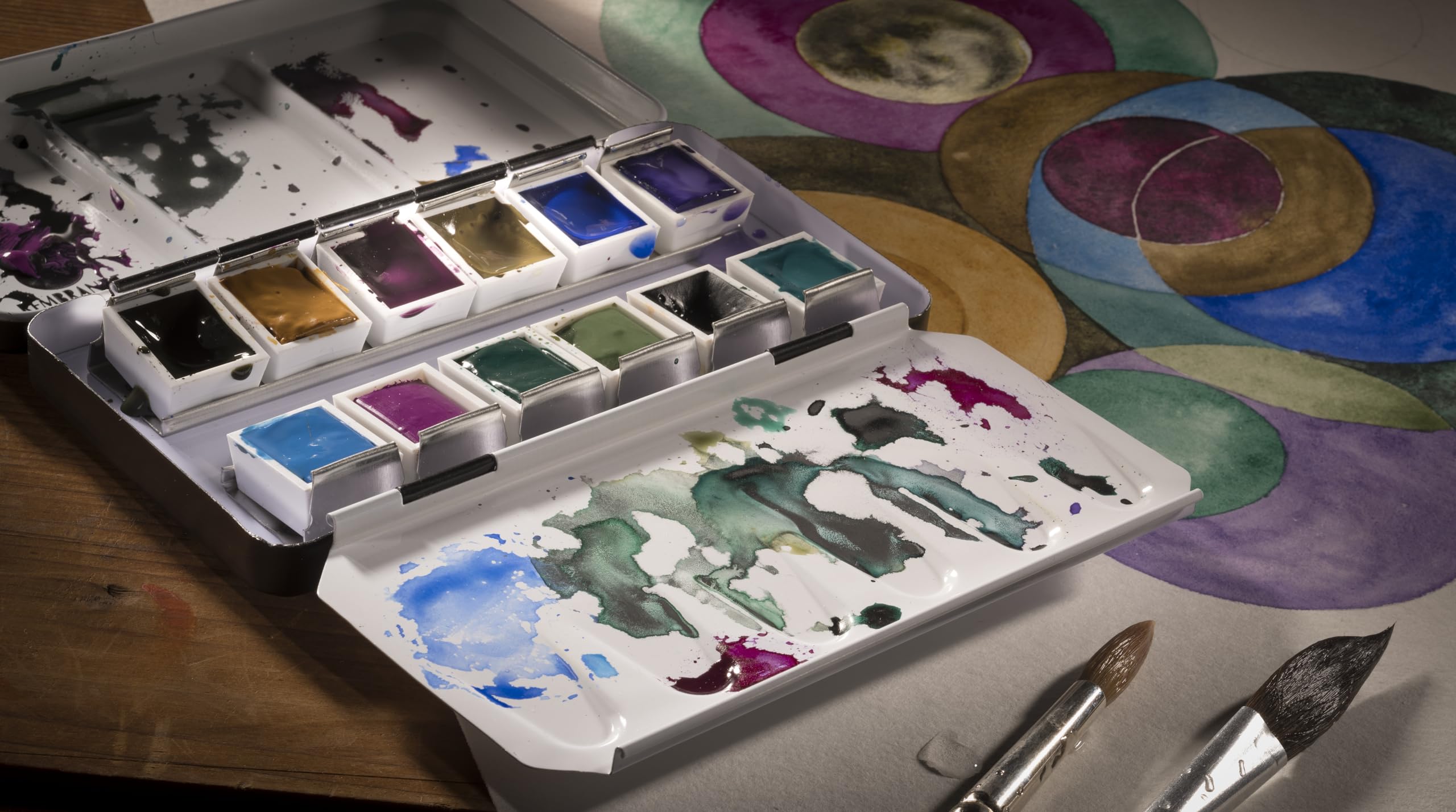 Rembrandt Profi-Aquarellfarben-Set in luxuriöser Metalldose | 12 Granulatfarben + Pinsel