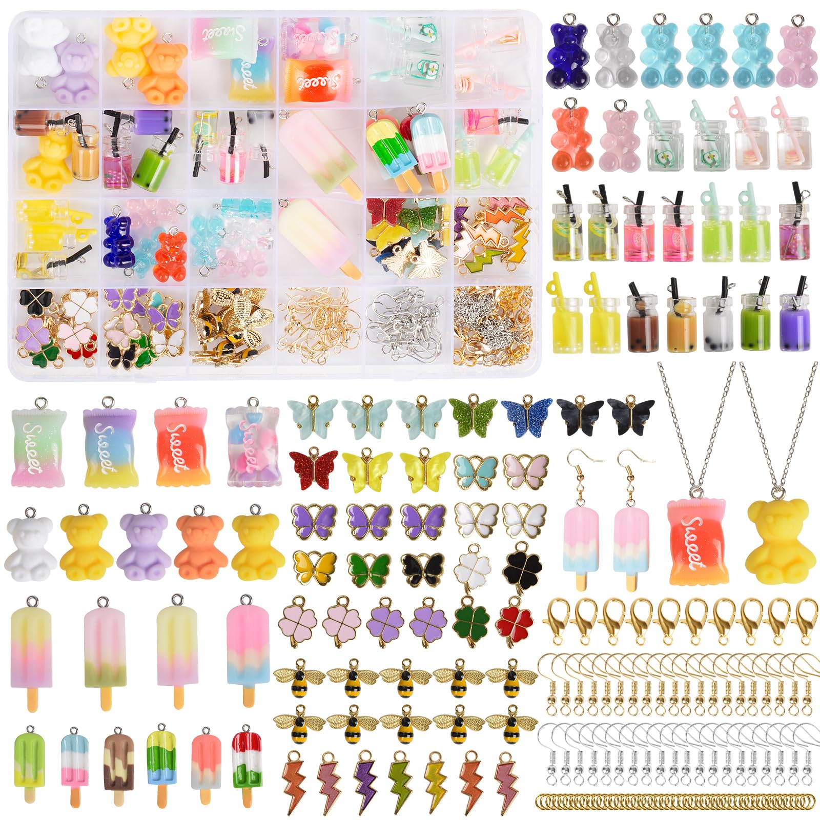 MIXMIO Charms Pendant Set, Jewellery Making DIY Set for Necklace, Earrings, Bracelet, Keychain, Butterfly Milk Tea Gummy Bear Ice Cream Chain Pendants with Storage Box