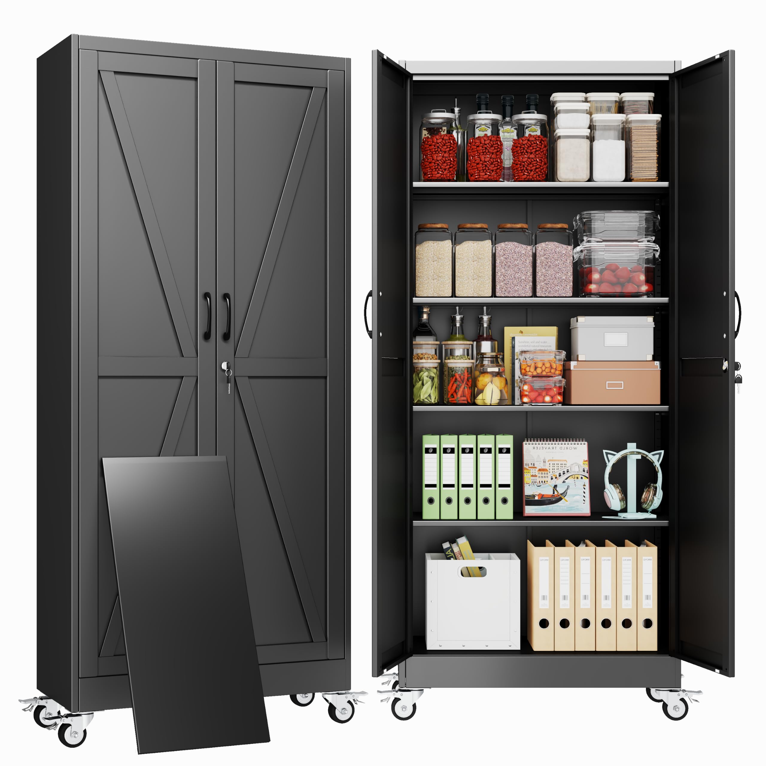 71" Metal Garage Storage Locker Cabinet with Wheels,Rolling Black Lockable Tool Cabinet with 2 Doors and 4 Adjustable Shelves, Steel Office File Cabinet for Home Office Warehouse Gym