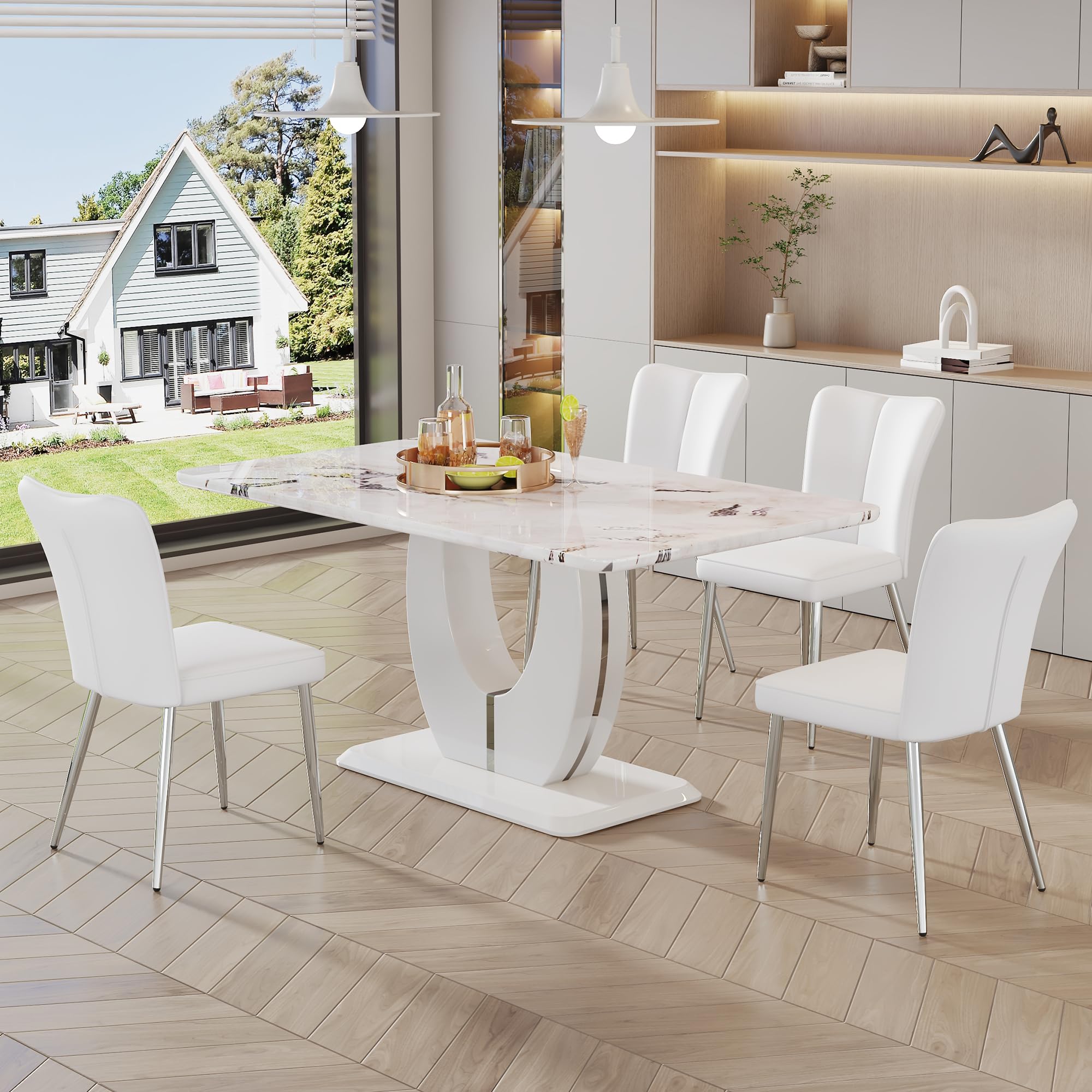 Amazon.com - Pvillez White Marble Dining Table Set for 4, Modern Kitchen Dining Table Chairs Set ...