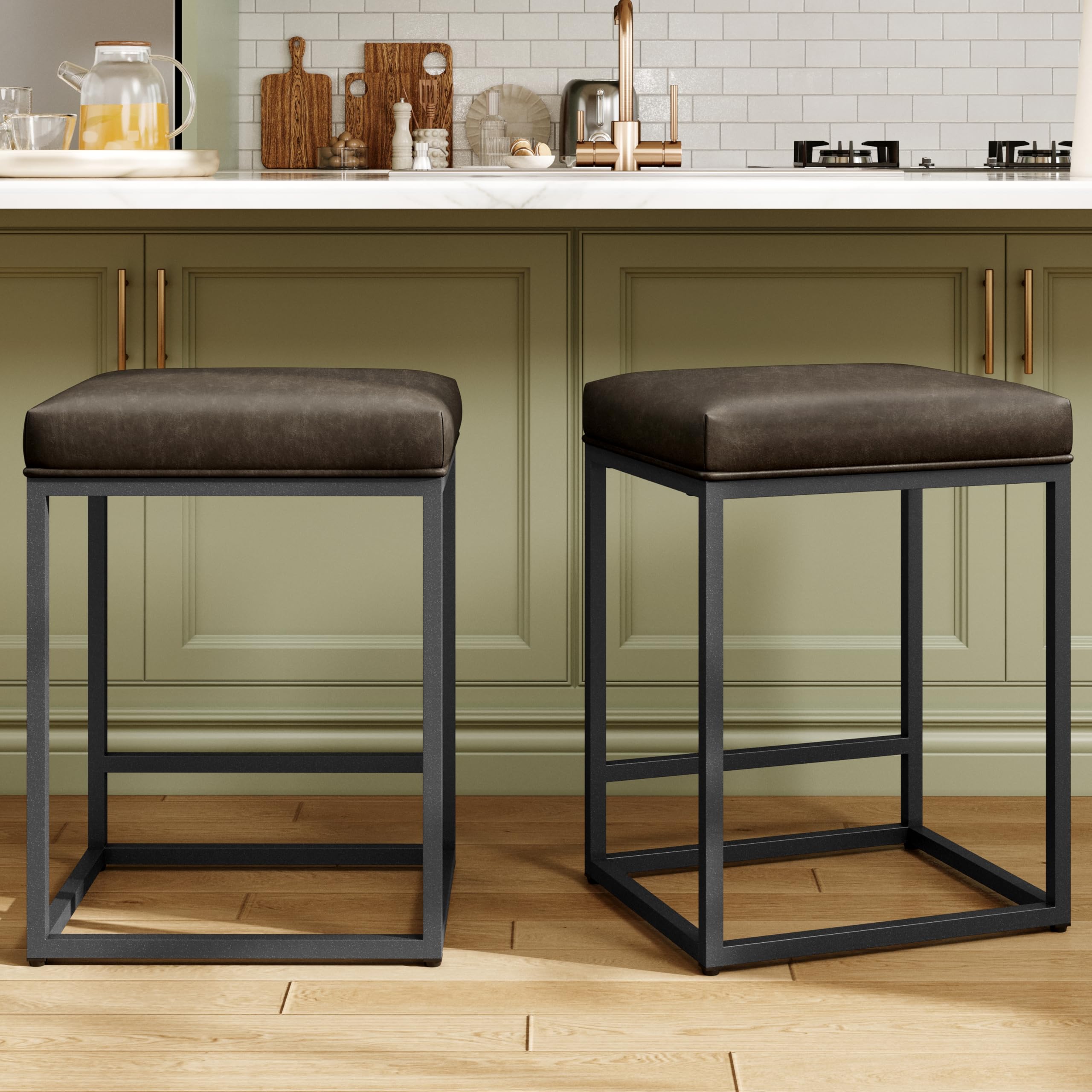 MAISON ARTS Counter Height 24" Bar Stools Set of 2 for Kitchen Counter Backless Modern Barstools Industrial Upholstered Faux Leather Stools Farmhouse Island Chairs,Support 330 LBS,(24 Inch, Grey)