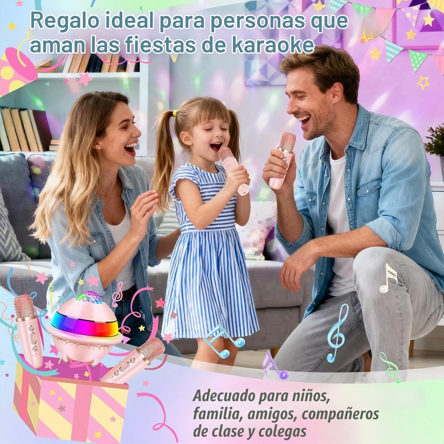 JONRRYIN Karaoke Infantil con 2 Microfonos Inalambricos, Microfono Karaoke Bluetooth con Luces LED Discoteca y Efectos de Voz, Regalo Niñas y Niños, Juguetes Bola Discoteca (Rosa)